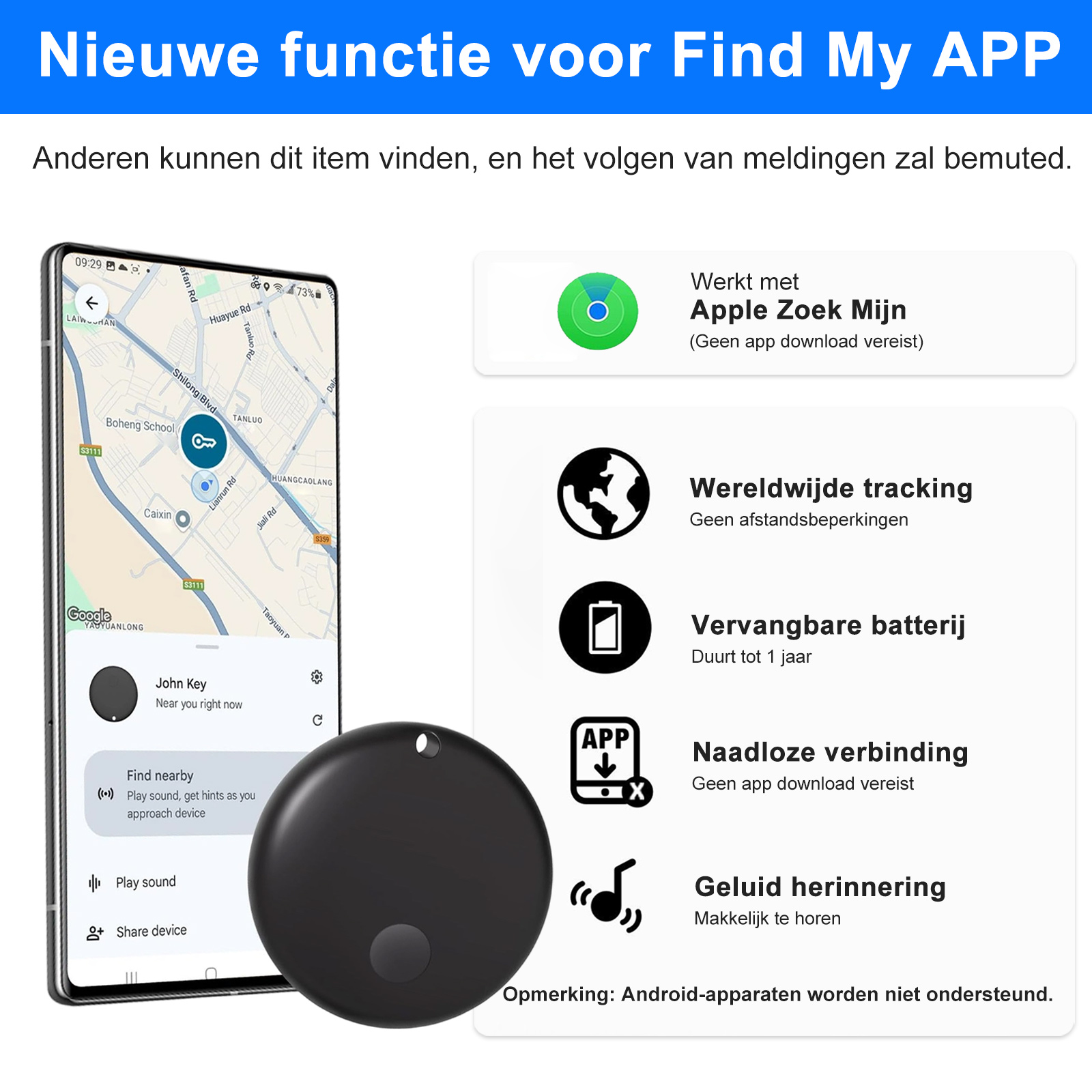 Das Bild zeigt einen schwarzen Tracker und ein Telefon mit einer Karte. Zu den Funktionen gehören Apple Find My, weltweites Tracking und austauschbare Batterie.