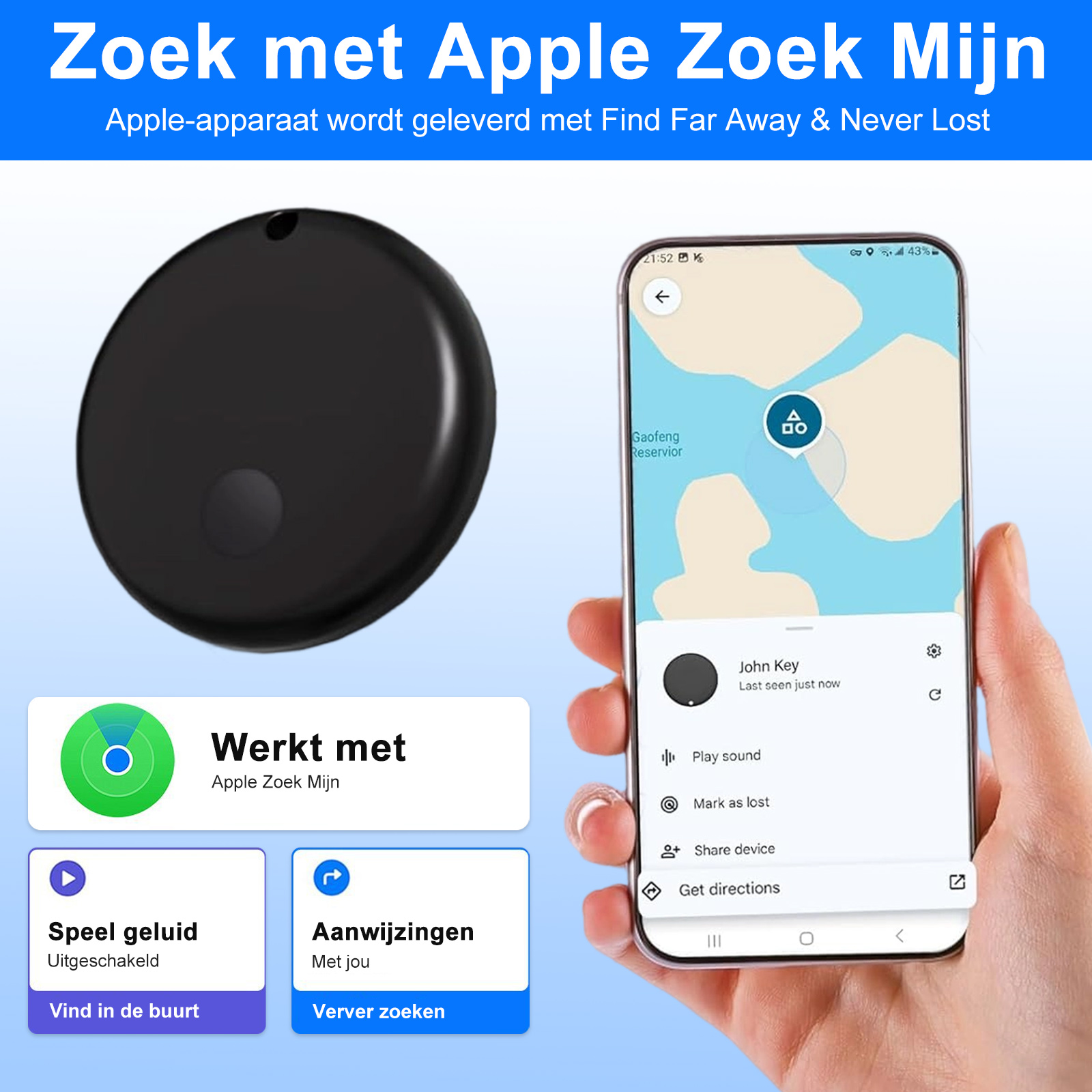 Ein schwarzer Apple-Tracker neben einem Telefon, das eine Karte und Tracking-Optionen zeigt.