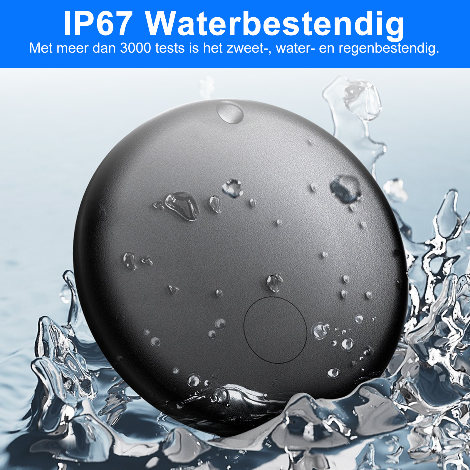 Ein rundes, graues Gerät mit Wassertropfen, umgeben von Wasserspritzern. Text oben besagt IP67 wasserdicht.