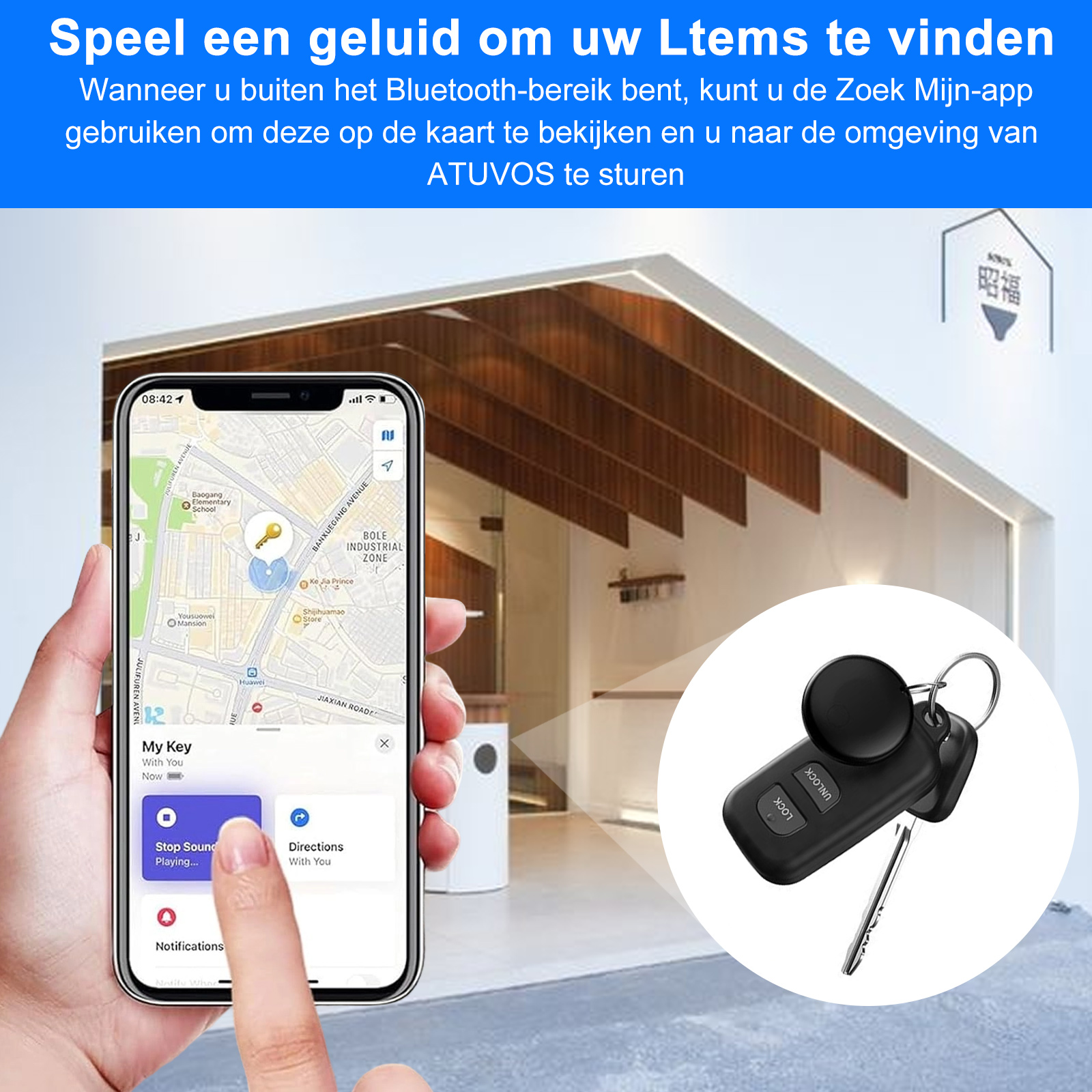 Eine Hand hält ein Telefon mit einer Karte. Rechts ist ein Schlüsselbund abgebildet. Der Hintergrund ist ein modernes Gebäude.