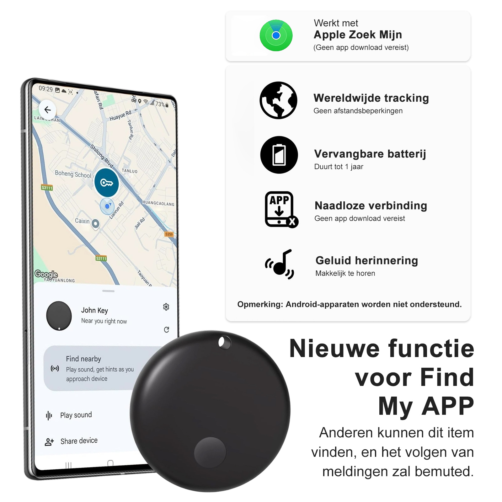 Ein Telefon zeigt Karte und App. Rechts ein schwarzes rundes Gerät. Text beschreibt Funktionen.