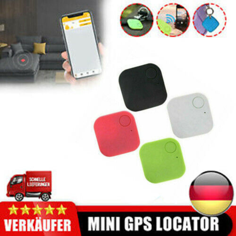 Das Bild zeigt ein Telefon, farbige GPS-Ortungsgeräte und einen roten LKW. Der Text lautet 'MINI GPS LOCATOR' und 'VERKÄUFER'.