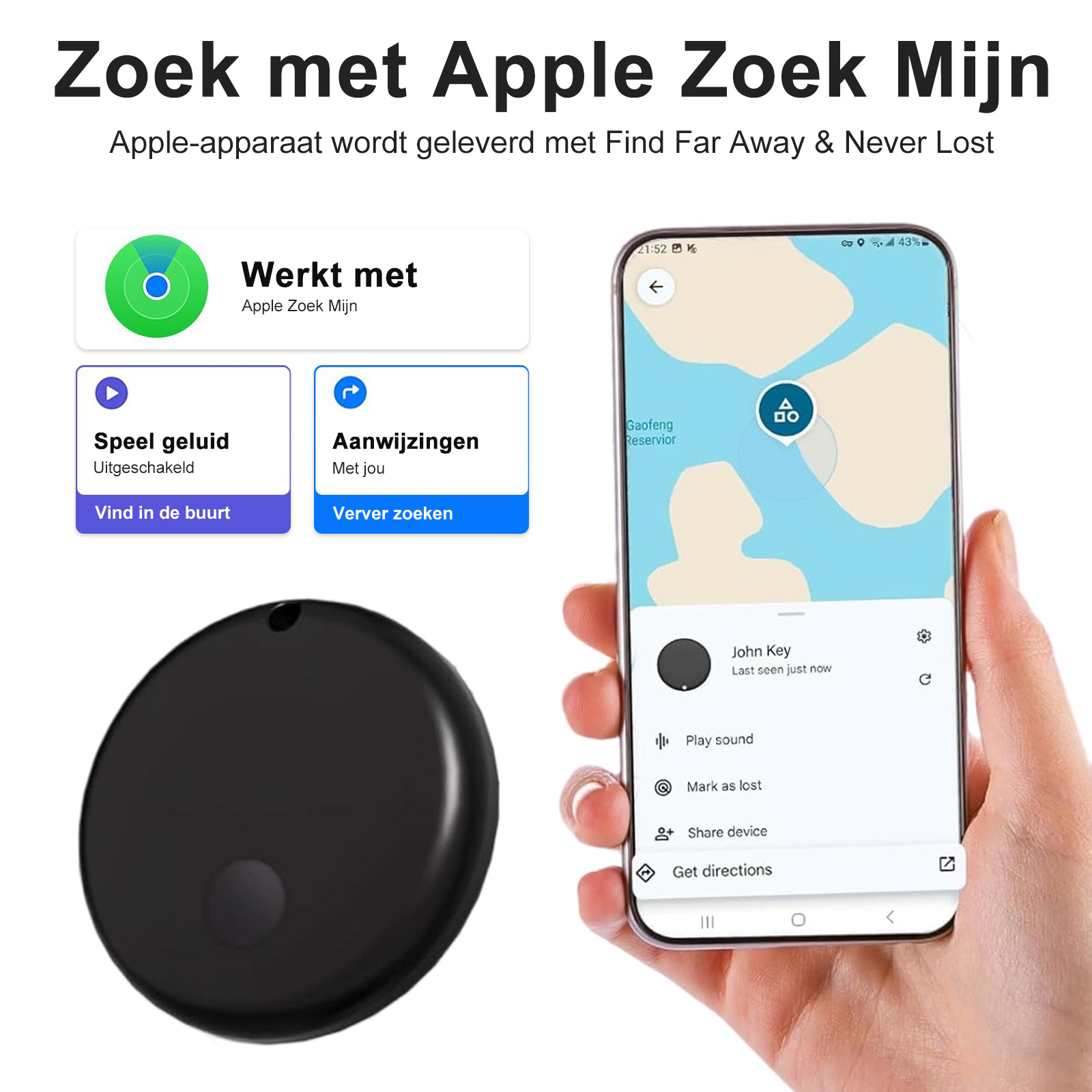 Schwarzes Apple-Ortungsgerät neben einem Telefon mit einer Karte und Standortmarkierung und Gerätebedienelementen.
