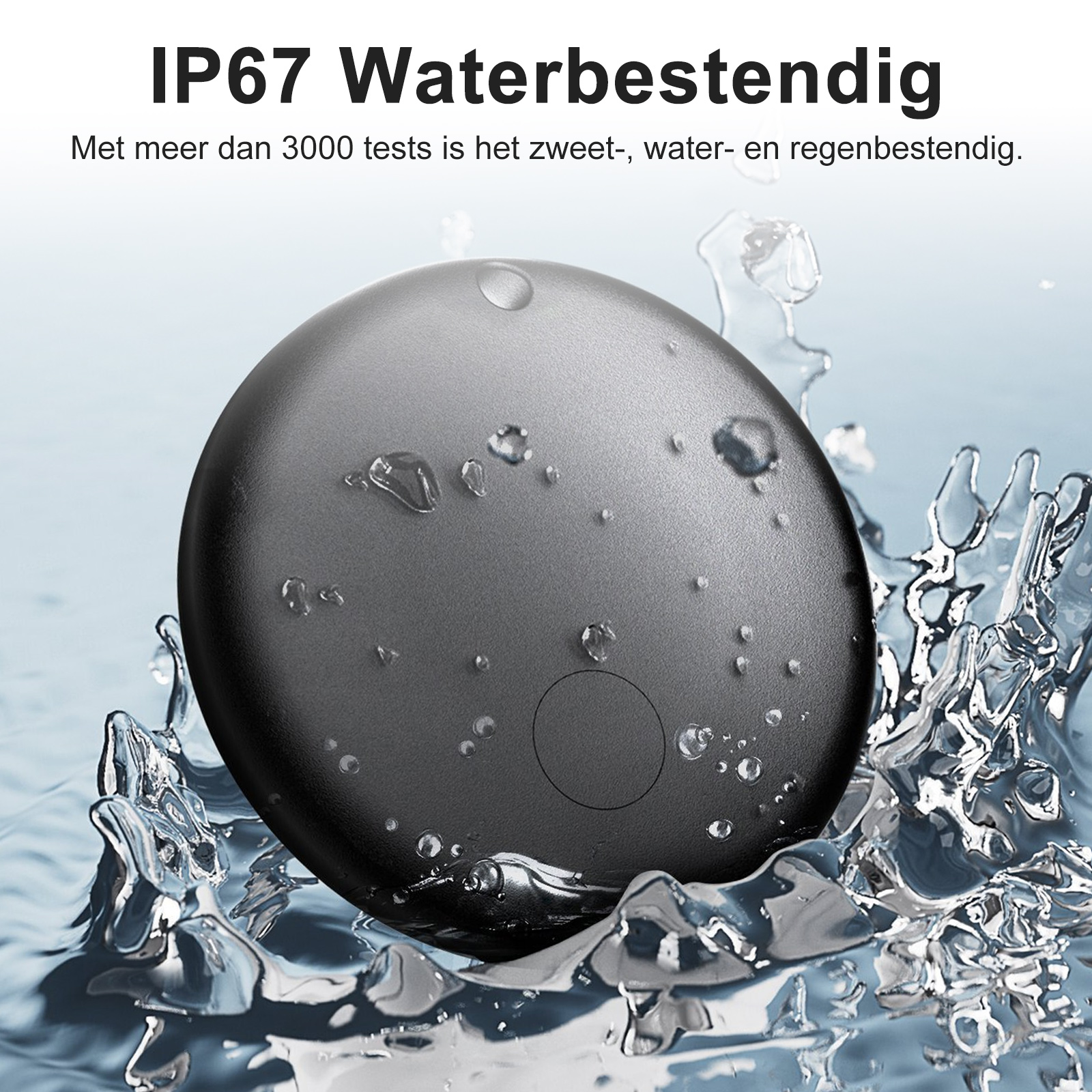 Ein dunkelgraues, rundes Gerät mit Wassertröpfchen und -spritzern, vor einem hellblauen Hintergrund, mit Text darüber.