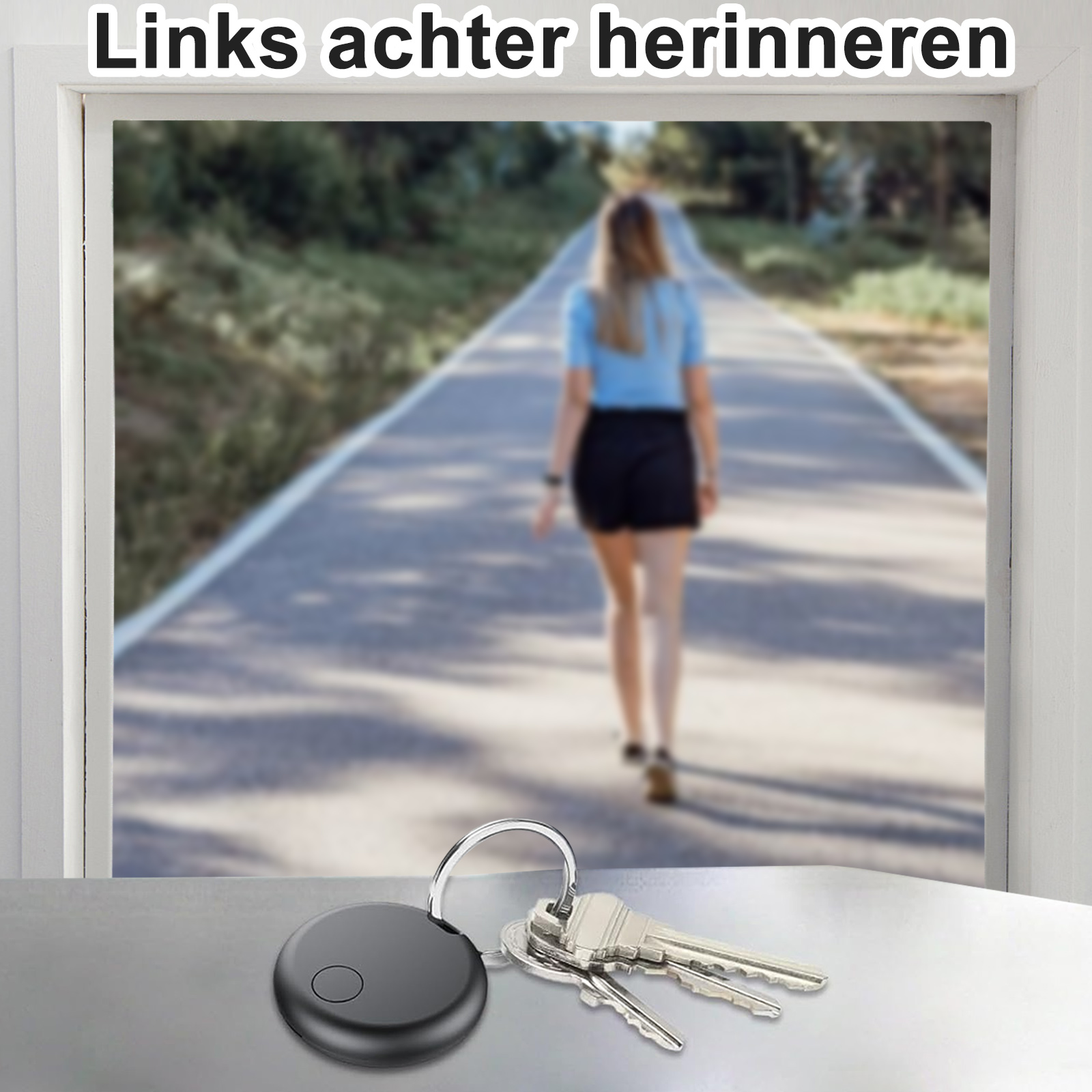 Eine Frau geht einen Weg entlang, gesehen durch einen weißen Fensterrahmen. Schlüssel und ein schwarzer Tracker liegen im Vordergrund.