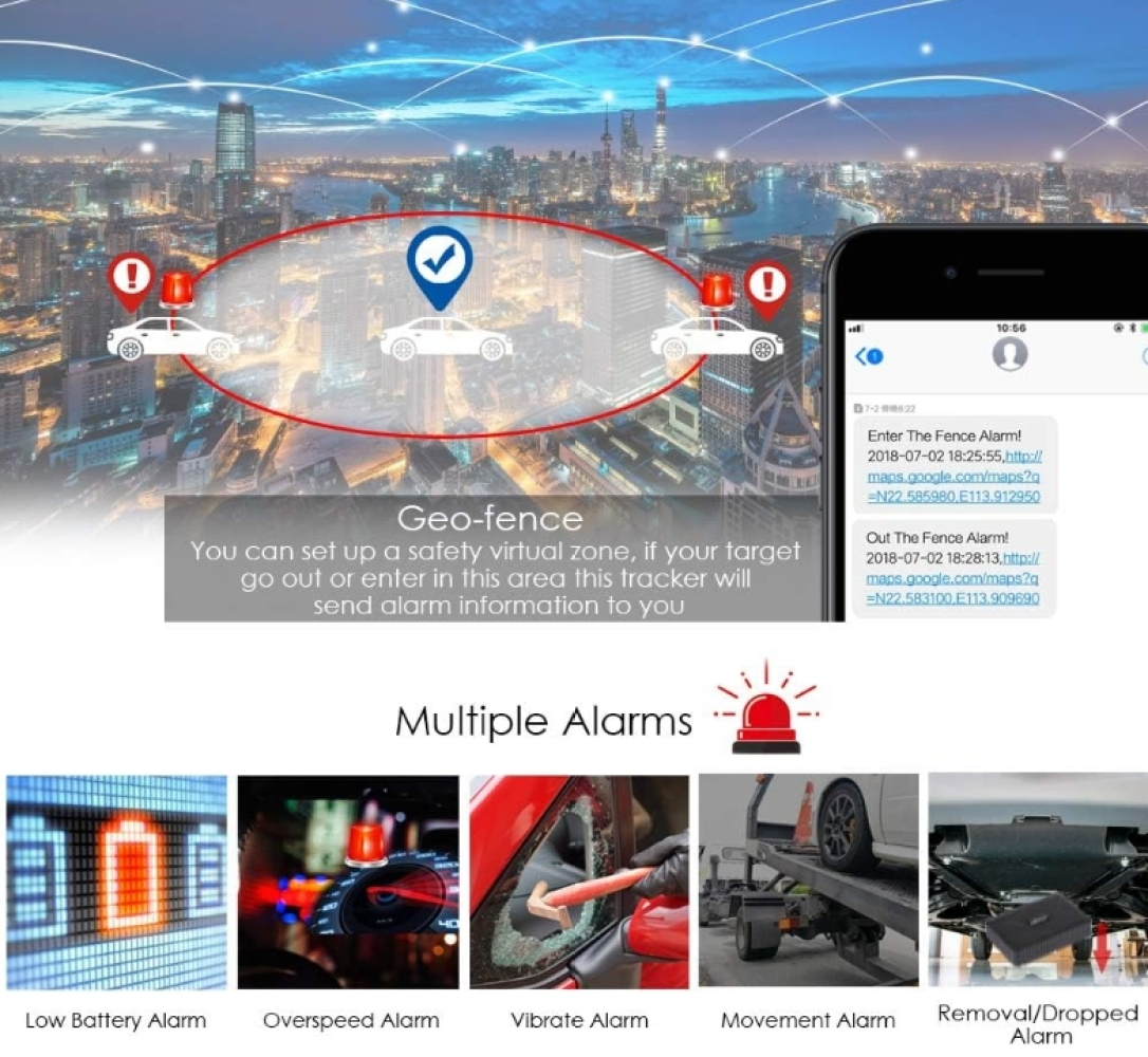 Das Bild zeigt ein Geo-Fence-Konzept mit Autos, Stadt-Hintergrund und Alarmtypen wie schwache Batterie, überhöhte Geschwindigkeit, Vibration und Bewegung.