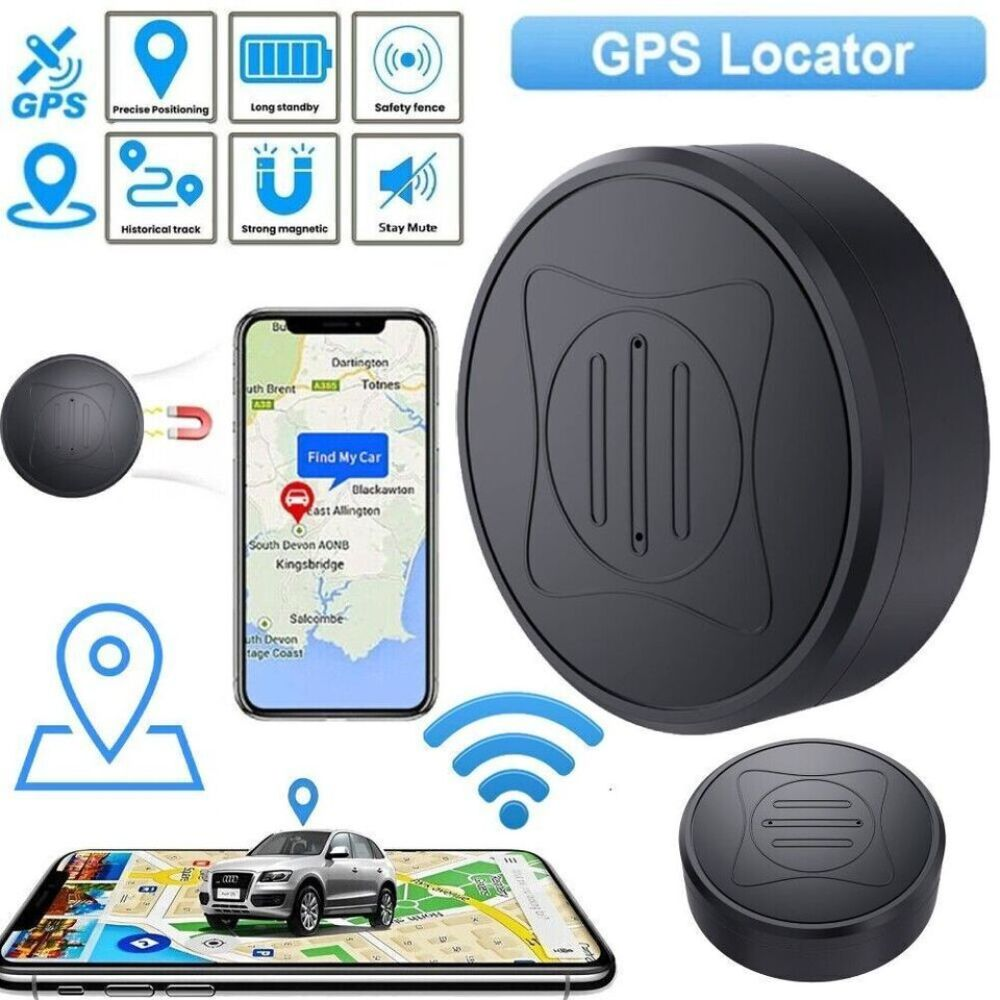 Ein GPS-Ortungsgerät mit Symbolen, ein Telefon mit einer Karte mit einem Auto und ein schwarzes rundes Gerät.