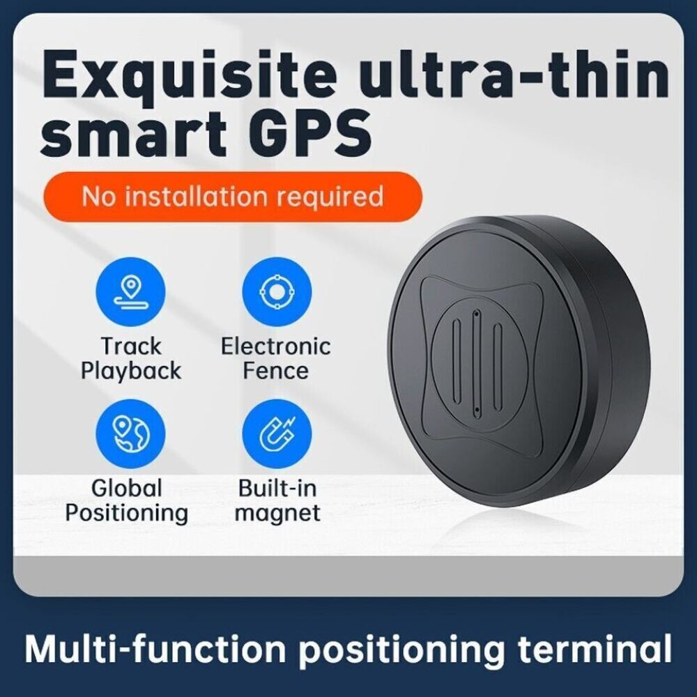Ein schwarzes GPS-Gerät mit Funktionen wie Wiedergabe der Strecke und elektronischem Zaun. Text: Exquisites ultradünnes Smart-GPS, keine Installation erforderlich.
