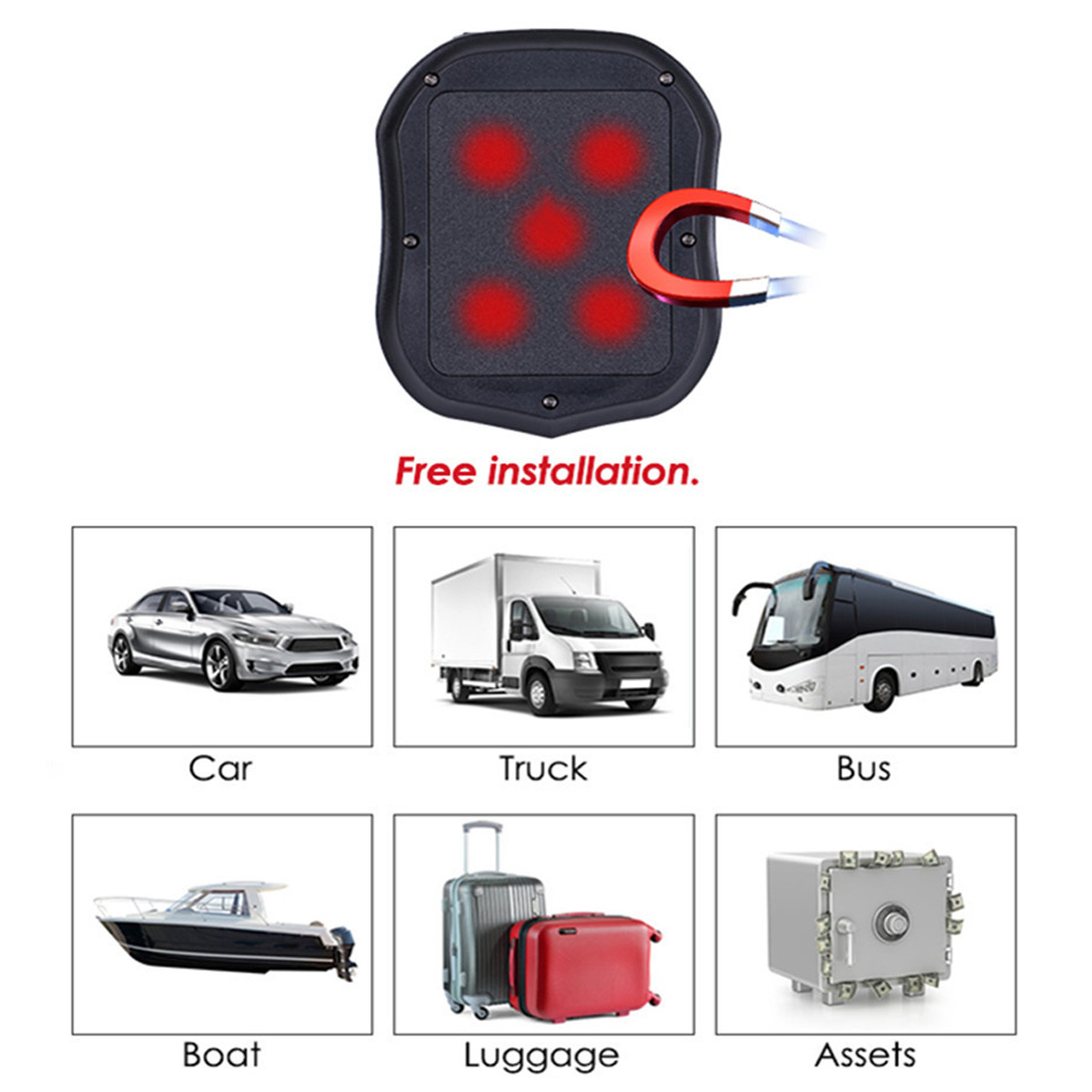 Gerät mit roten Punkten und Magneten über Fahrzeugbildern: Auto, LKW, Bus, Boot, Gepäck und Vermögenswerte, mit Text 'Freie Installation'.