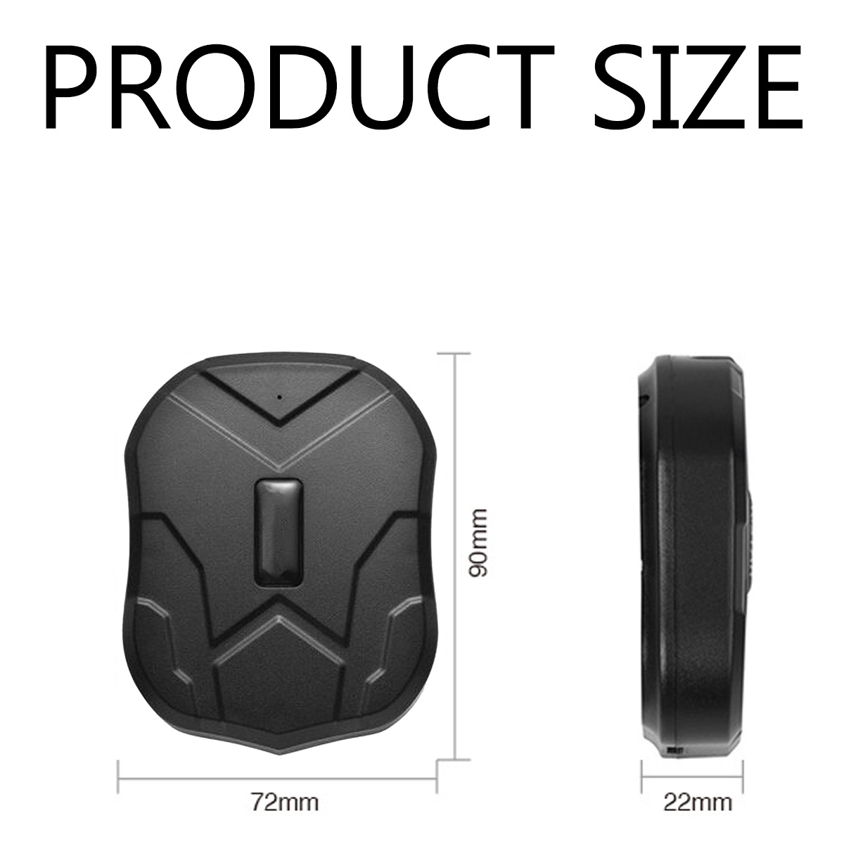 Das Bild zeigt die Produktgröße: Ein schwarzer Tracker mit den Abmessungen 72 mm x 90 mm x 22 mm. Der Text 'PRODUCT SIZE' steht oben.