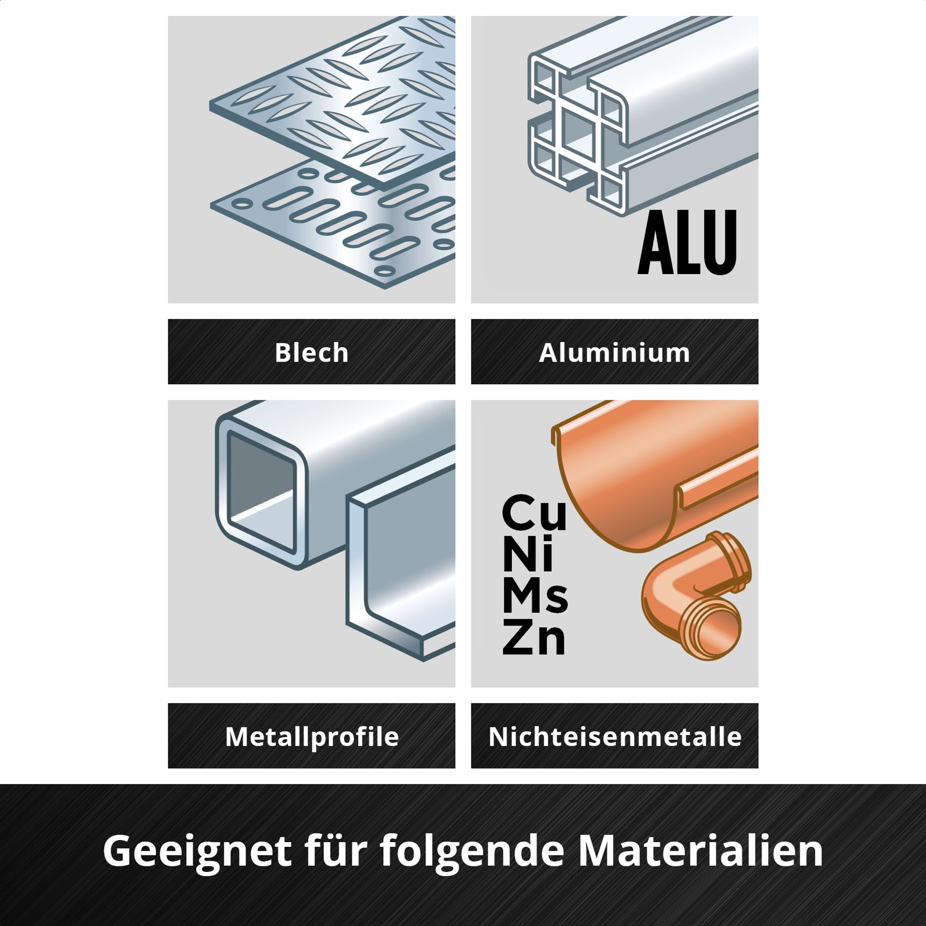 Das Bild zeigt Metallarten: Blech, Aluminium, Metallprofile und NE-Metalle. Text unten lautet 'Geeignet für folgende Materialien'.