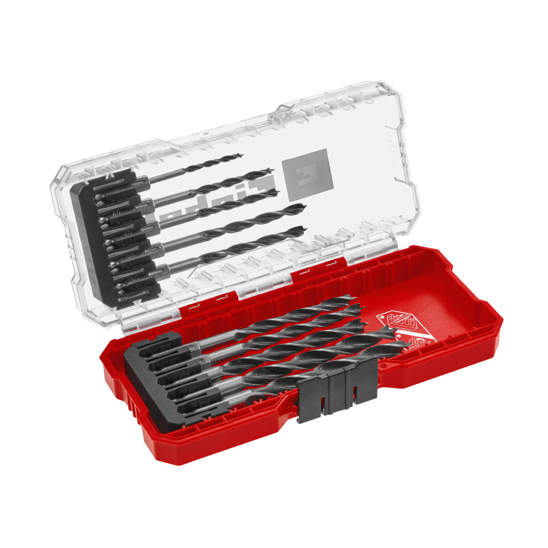 Bohrer-Set in roter und klarer Kunststoffbox. Die Bohrer sind schwarz und silberfarben.