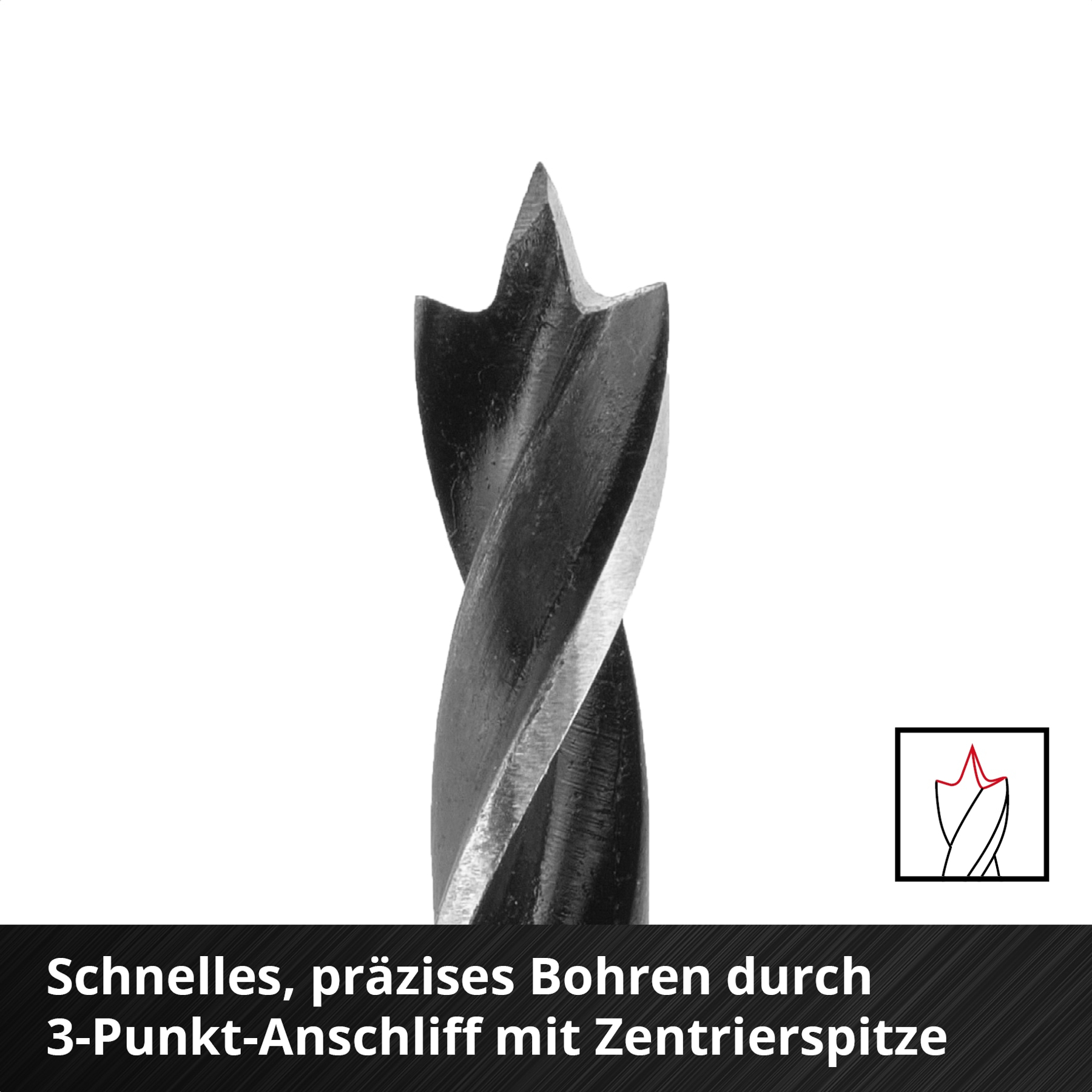 Nahaufnahme eines schwarzen Bohrfutters mit scharfer Spitze und Spiralwelle, mit Text unten. Kleines Diagramm rechts.