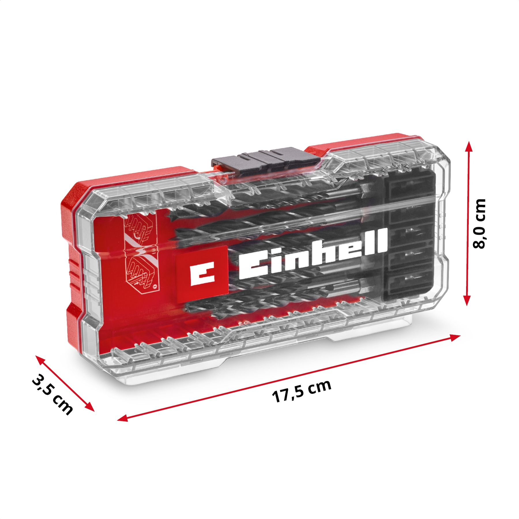 Ein Bohrerset in einer transparenten Kunststoffbox. Die Box hat rote Akzente und das Einhell-Logo. Abmessungen sind angegeben.
