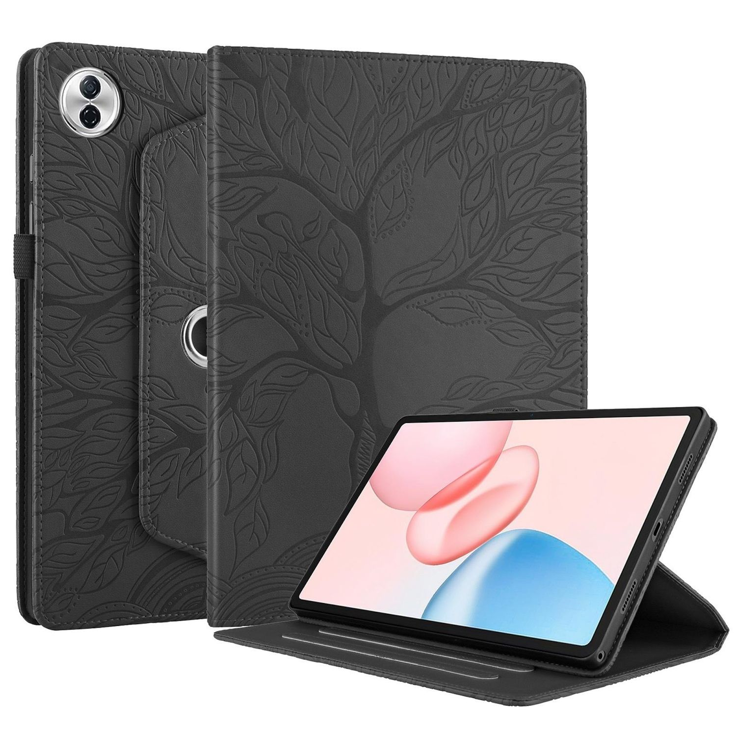 Ein Tablet in einer dunkelgrauen Hülle mit Baumdesign. Der Tablet-Bildschirm zeigt rosa und blaue Formen. Die Hülle ist geöffnet.