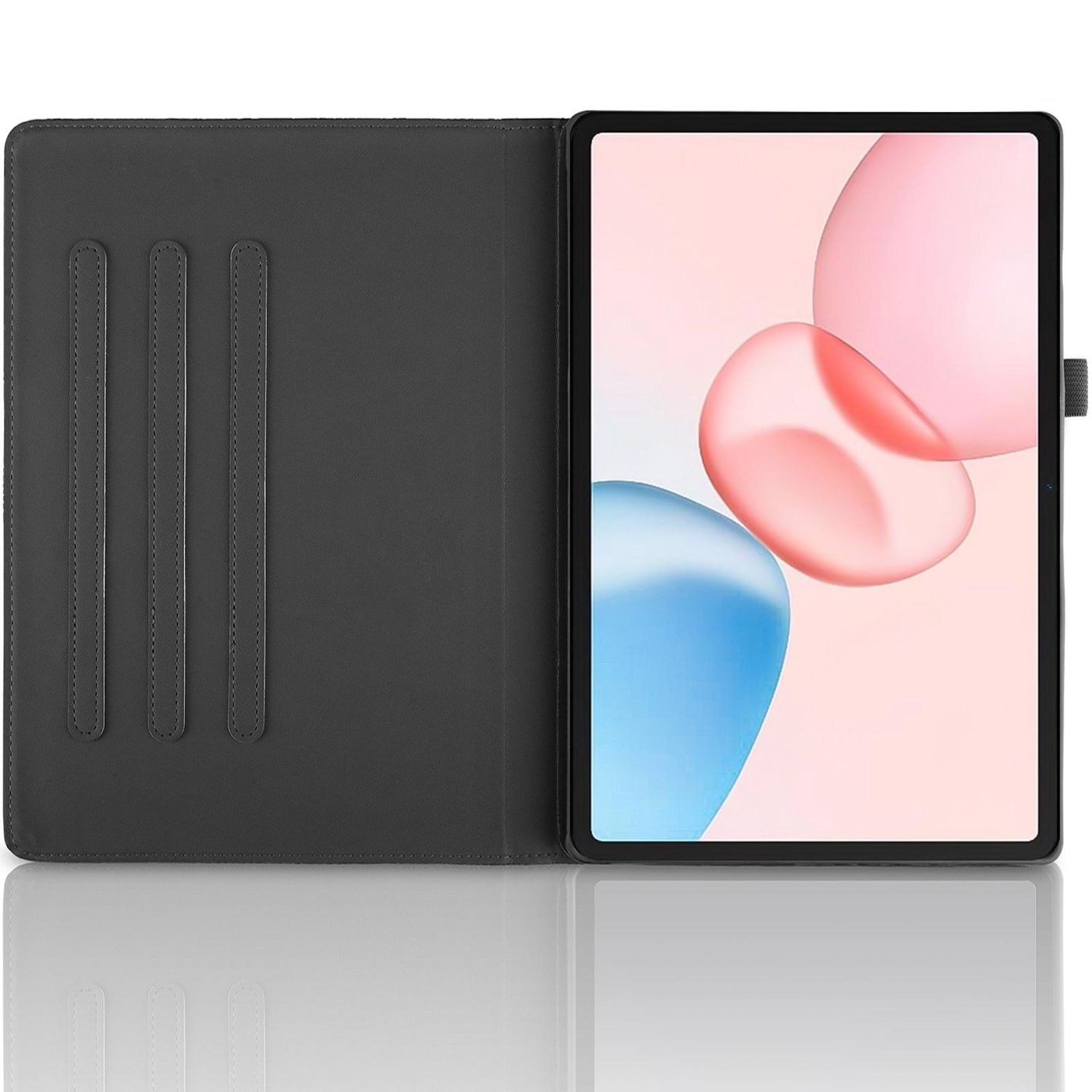 Tablet in schwarzem Etui, geöffnet. Der Bildschirm zeigt abstrakte Formen in Pink und Blau. Das Etui hat Kartenfächer.