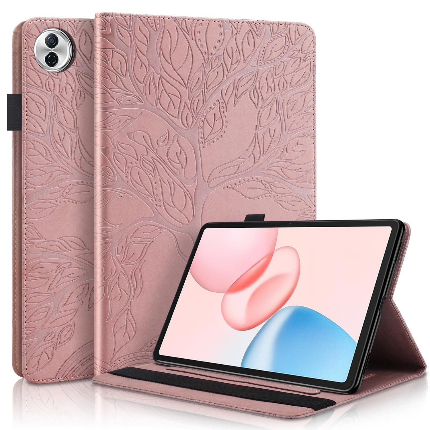 Eine rosa Tablethülle mit Baumdesign und ein Tablet, das rosa und blaue Formen anzeigt. Die Hülle ist offen und aufgestellt.