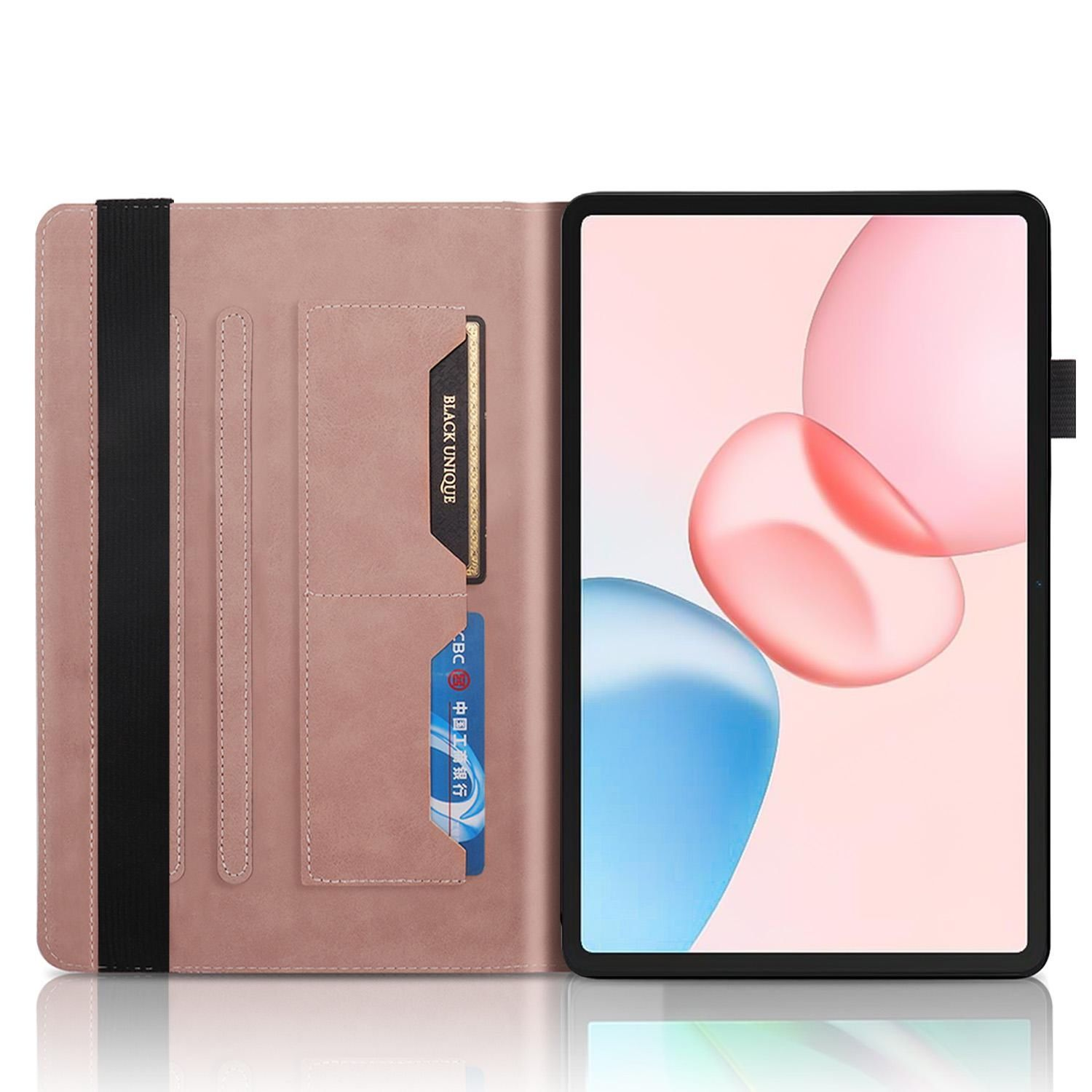 Ein Tablet in einem rosa Etui mit schwarzem Riemen, offen. Der Bildschirm zeigt rosa und blaue Formen. Karten sind im Etui sichtbar.