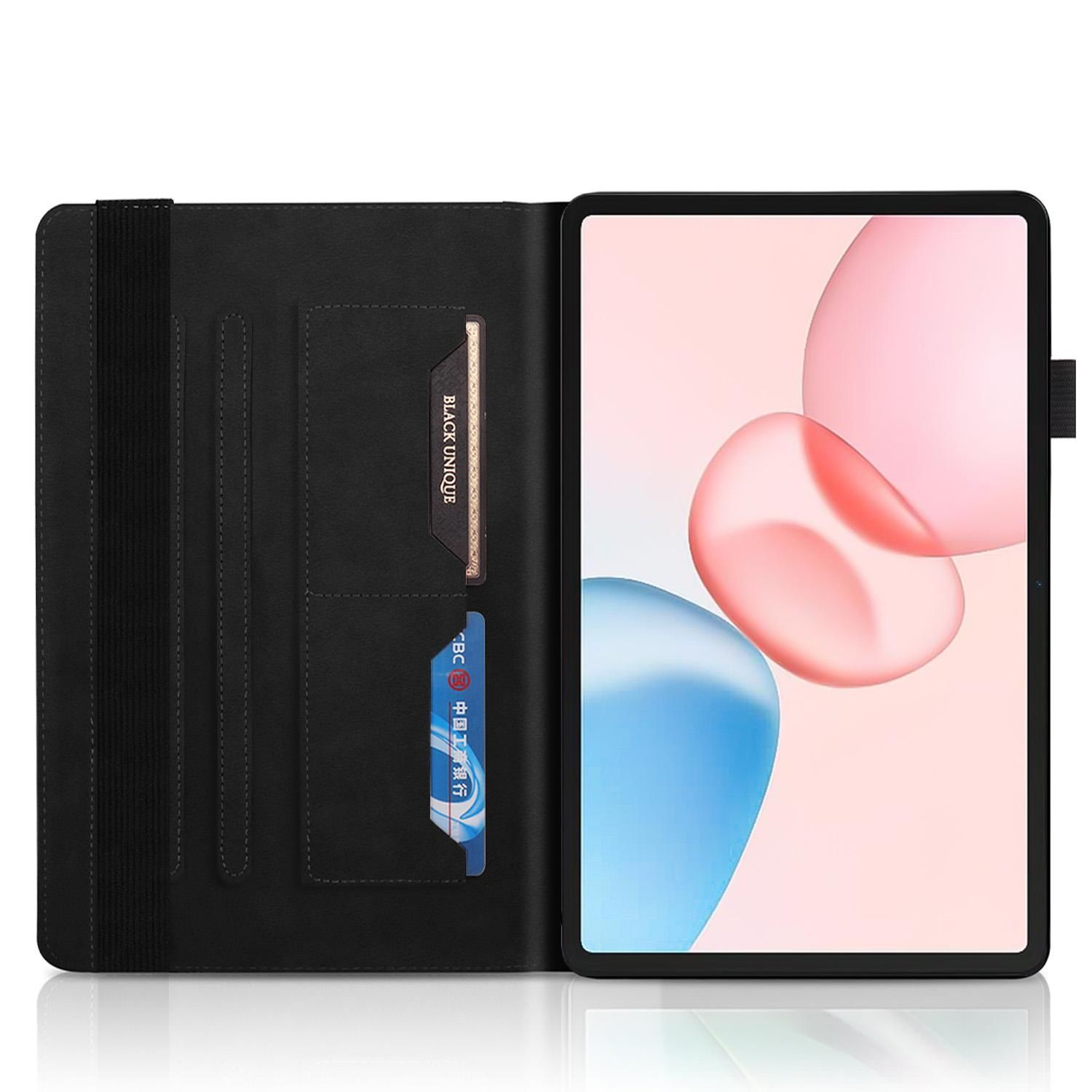 Custodia nera per tablet aperta, con schermo tablet con forme astratte. Carte di credito visibili nella custodia.