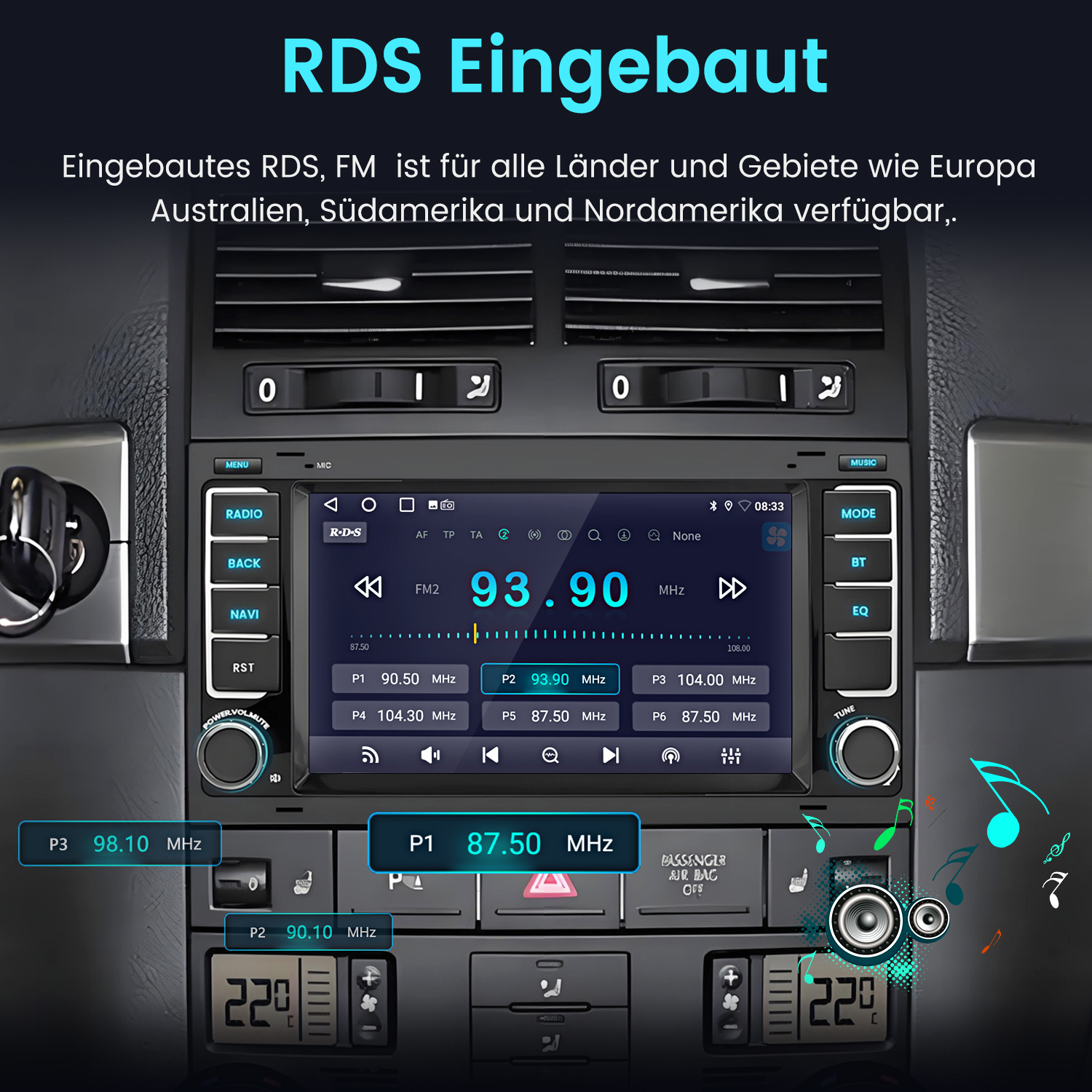 Autoradio-Bildschirm mit FM-Frequenz 93,90 MHz. Tasten und Bedienelemente sowie Klimaanlagen-Bedienelemente sind sichtbar.