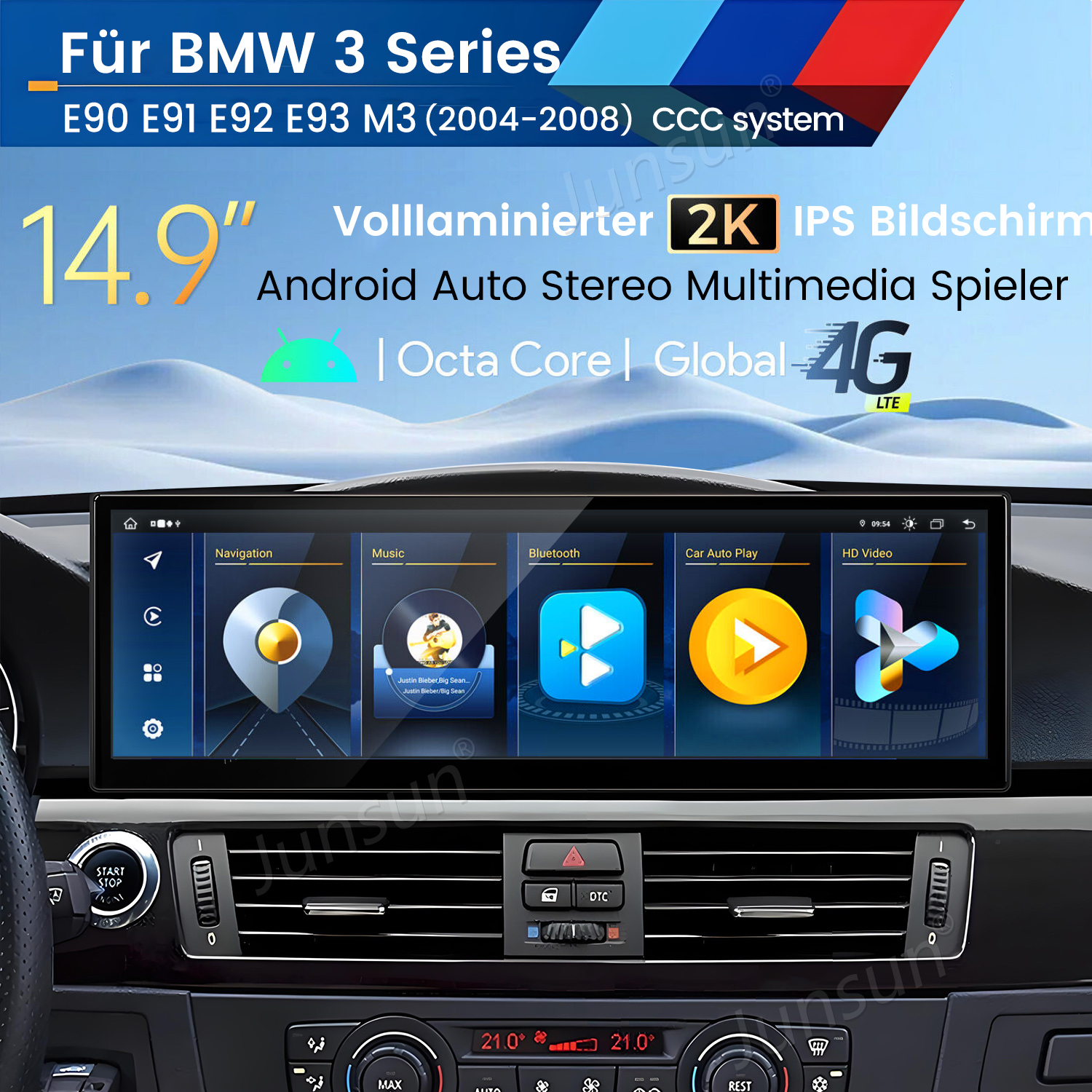 Auto-Armaturenbrett mit großem Display für Navigation, Musik usw. Text enthält 'Für BMW 3 Series' und 'Android Auto'.