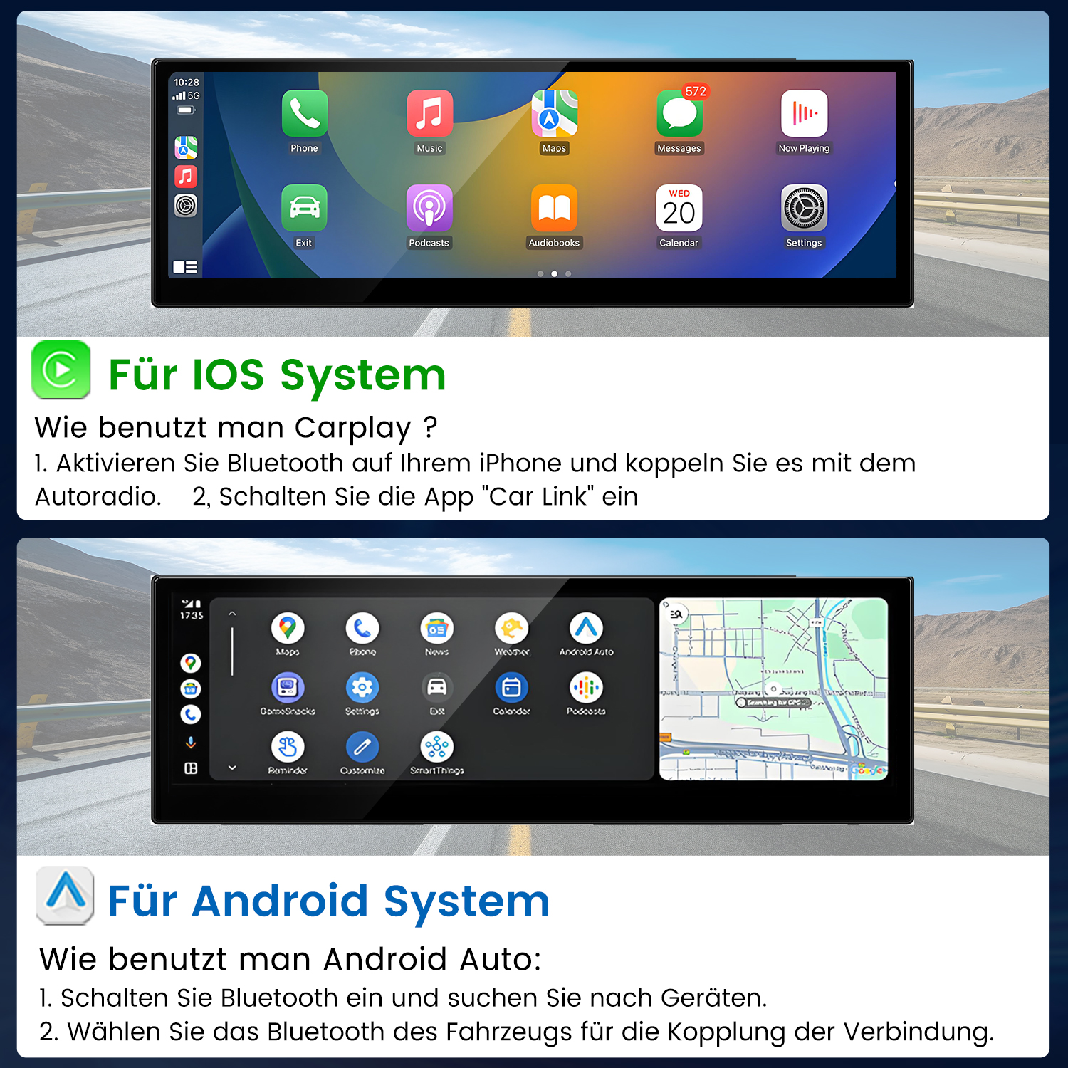 Ein Auto-Infotainmentsystem-Bildschirm zeigt App-Symbole, Anweisungen für iOS und Android und eine Kartenansicht.
