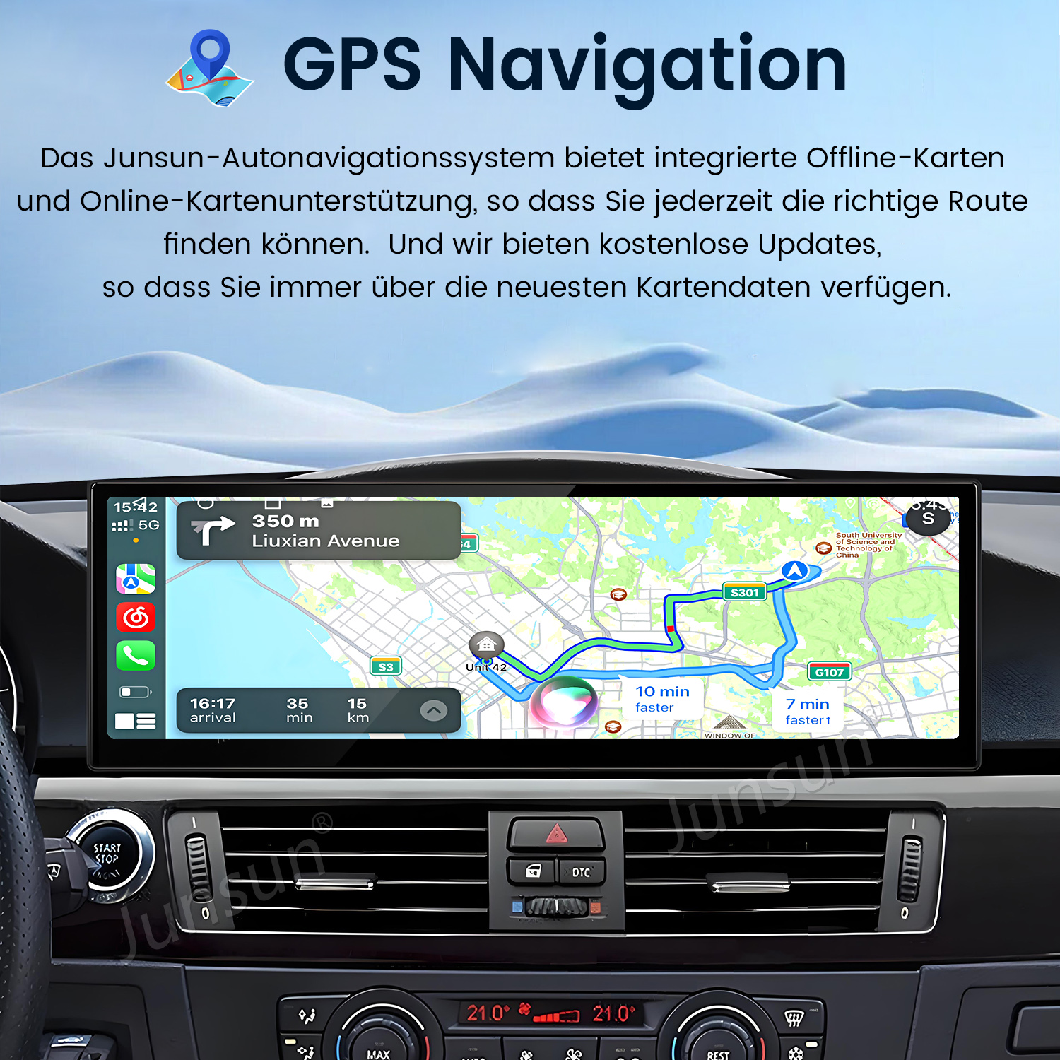 Auto-Armaturenbrett mit GPS-Navigation. Karte mit Routenführung. Klimaanlage darunter.