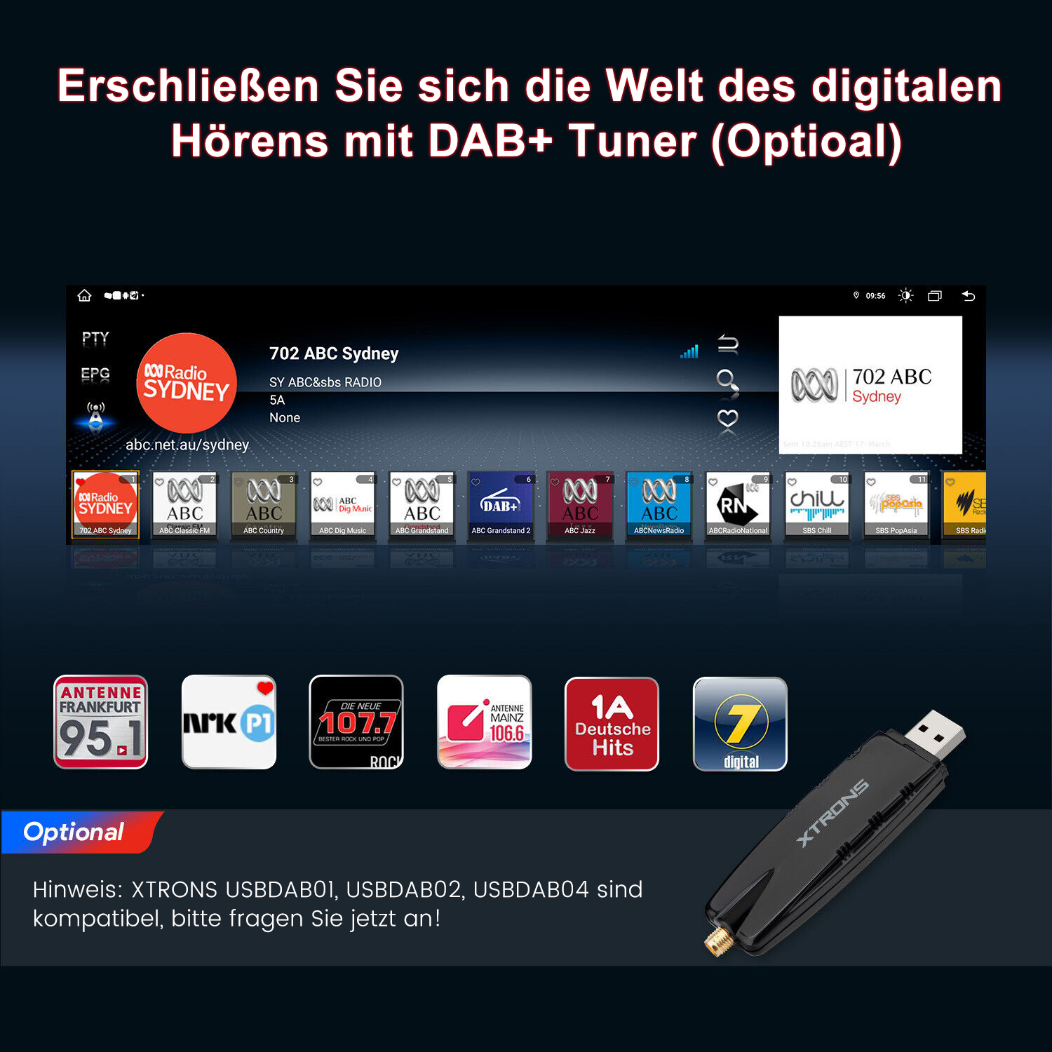 Ein Autoradio-Bildschirm mit Radiosendern, einem USB-Tuner und Text auf Deutsch.