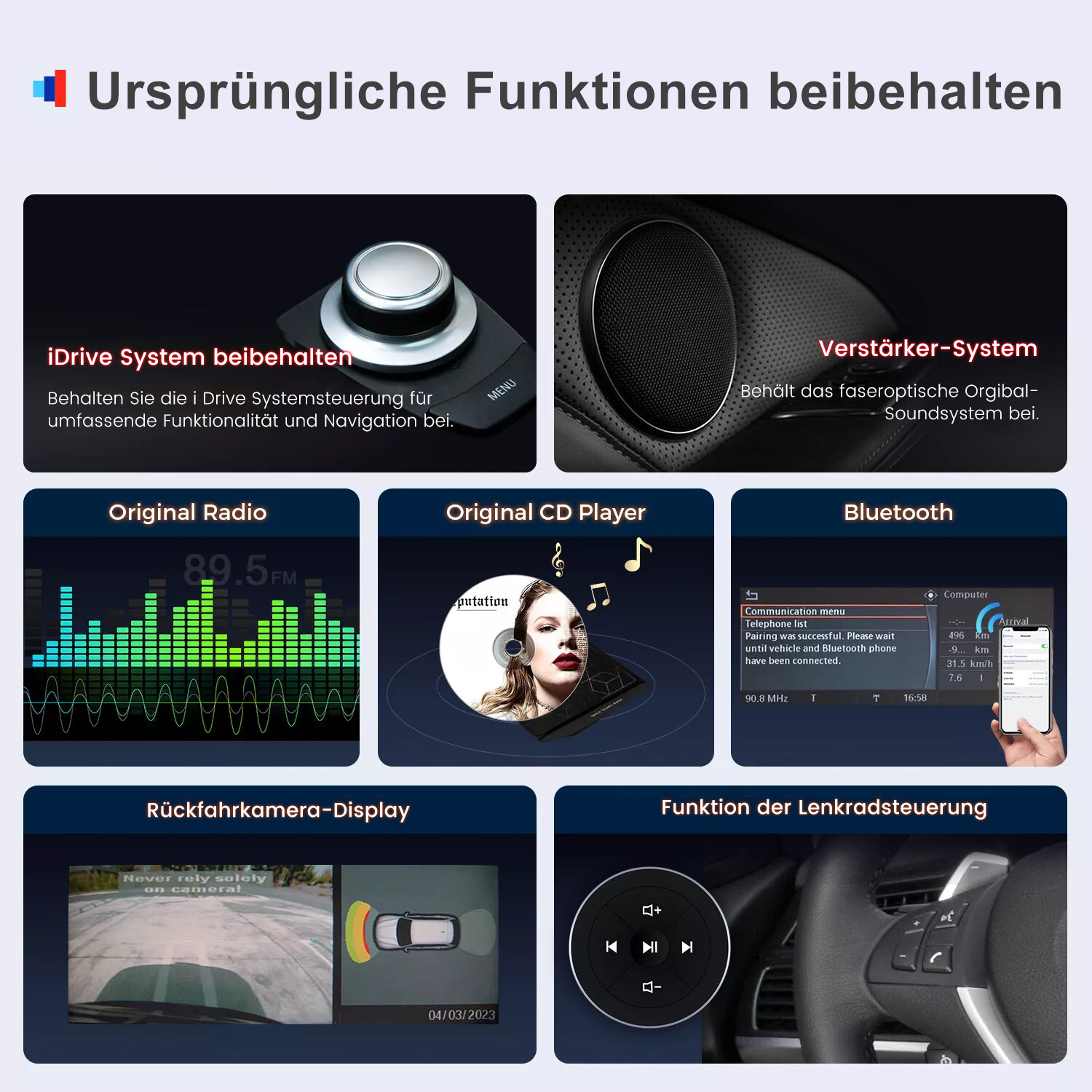 Das Bild zeigt Autofunktionen: iDrive-System, Originalradio, CD-Player, Bluetooth, Rückfahrkameraanzeige und Lenkradsteuerung.