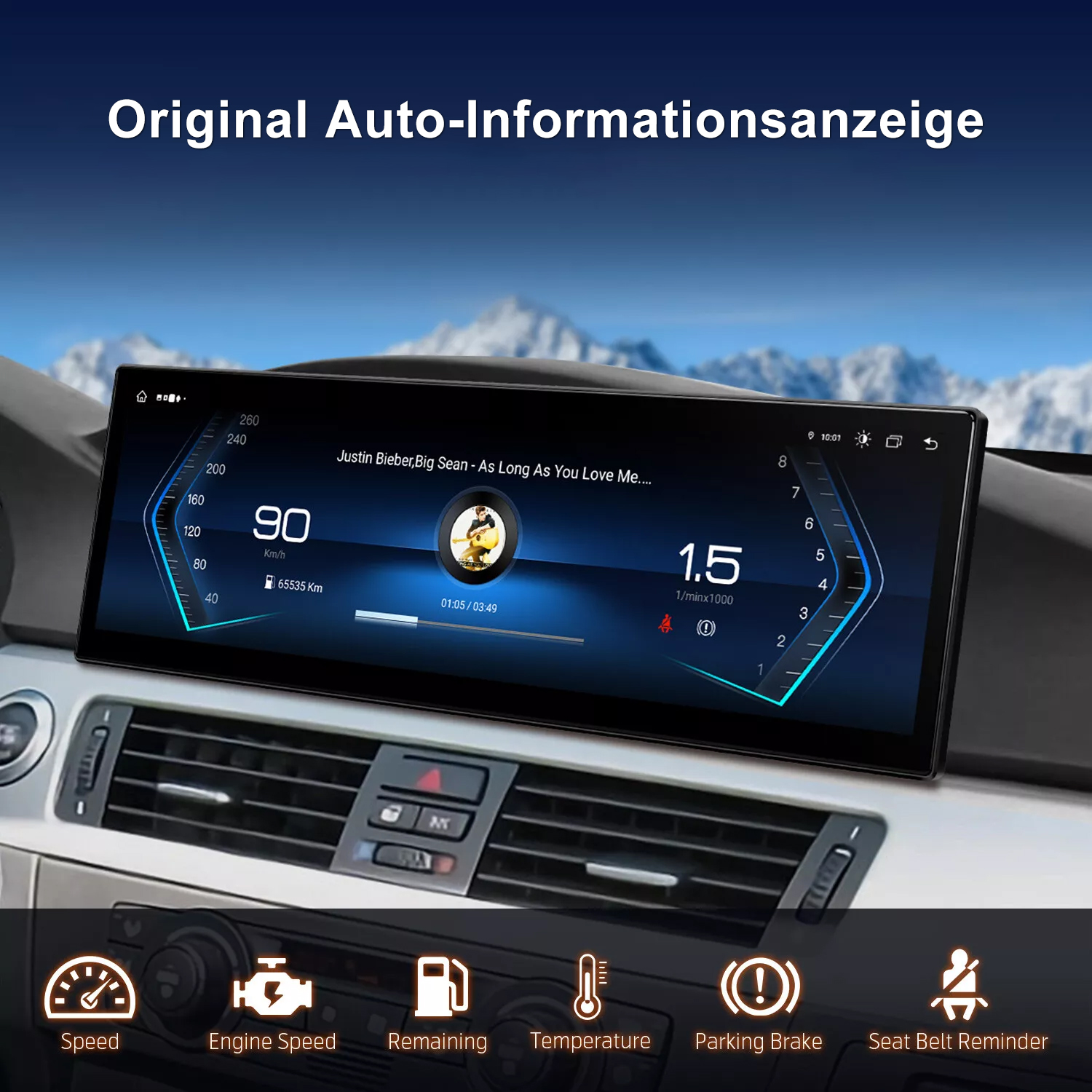 Autotafel mit Geschwindigkeit, Motorstatistiken und Musik-Player-Oberfläche. Im Hintergrund ist eine Berglandschaft zu sehen.
