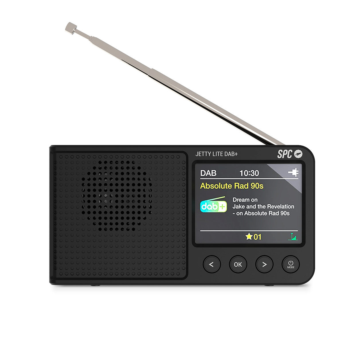 Ein schwarzes Jetty Lite DAB+ Radio mit Antenne. Der Bildschirm zeigt 'Absolute Rad 90s'. Tasten sind 'OK' und 'MODE'.