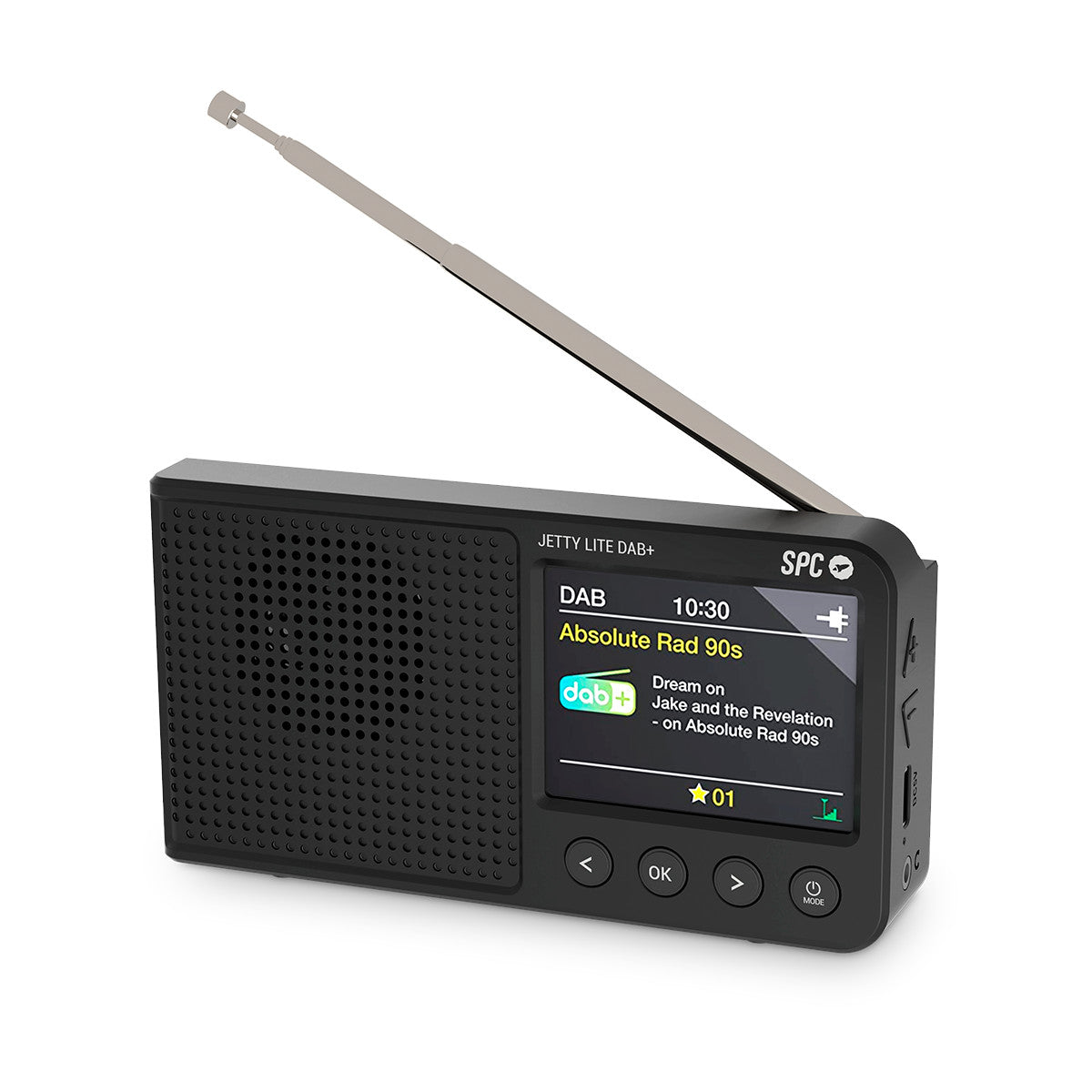 Ein schwarzes SPC Jetty Lite DAB+ Radio. Der Bildschirm zeigt 'Absolute Rad 90s'. Eine Antenne ist ausgefahren. Knöpfe sind OK, <lt/> und <gt/>.