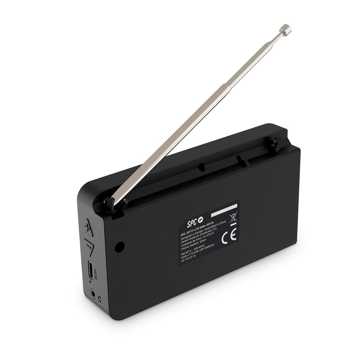 Ein schwarzes Radio mit Antenne liegt auf einer weißen Oberfläche. Das Radio hat das SPC-Logo und die CE-Kennzeichnung.