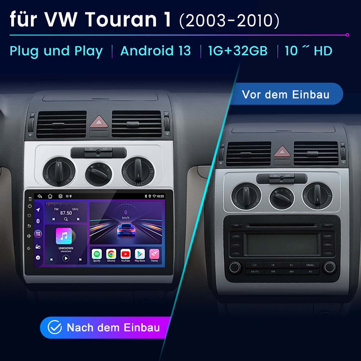 Das Bild zeigt Autoradio vor und nach dem Einbau. Die linke Seite zeigt einen Touchscreen, die rechte Seite ein Standardradio.