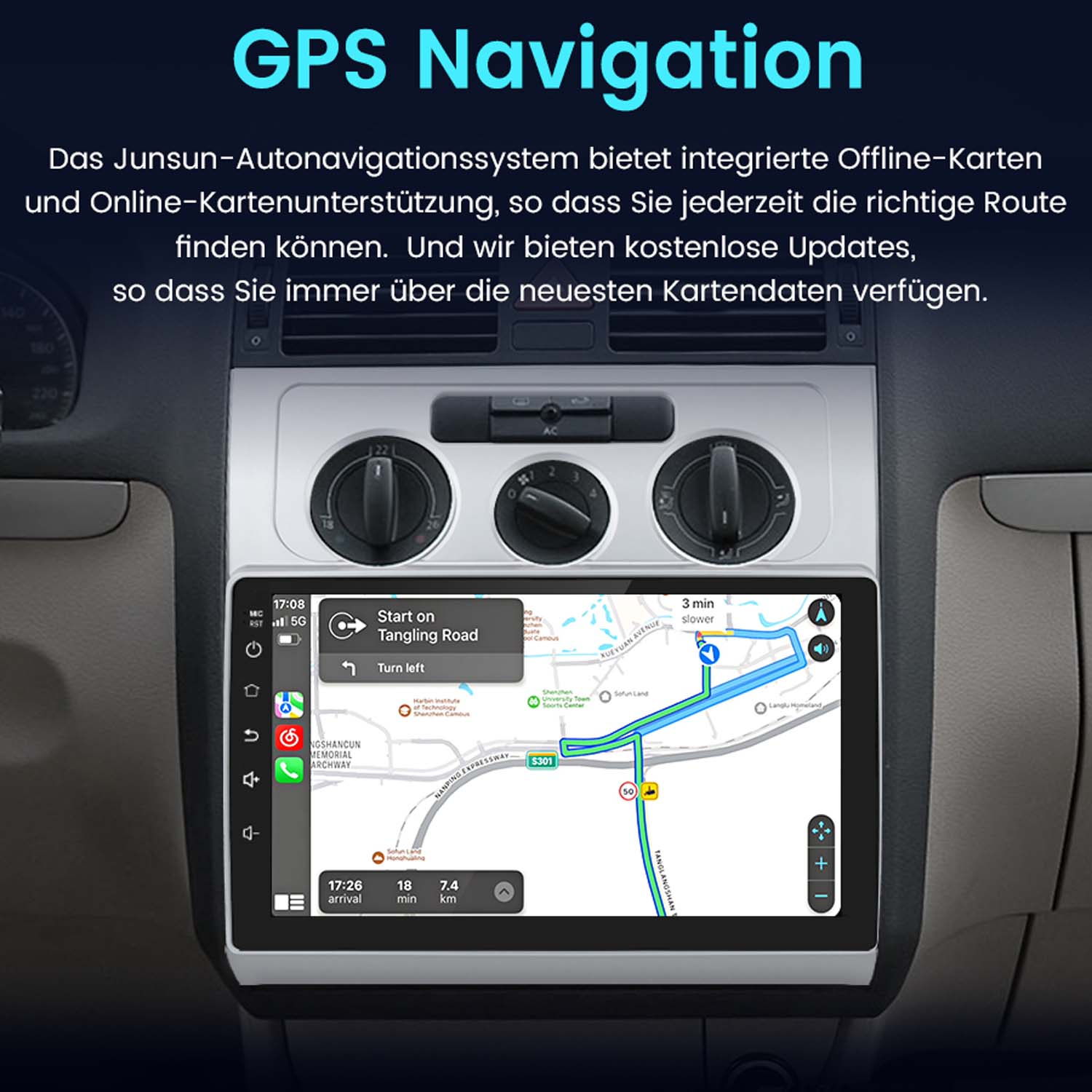 GPS-Navigationsbildschirm in einem Auto, der eine Karte und Routenführung mit überlagertem Text anzeigt.