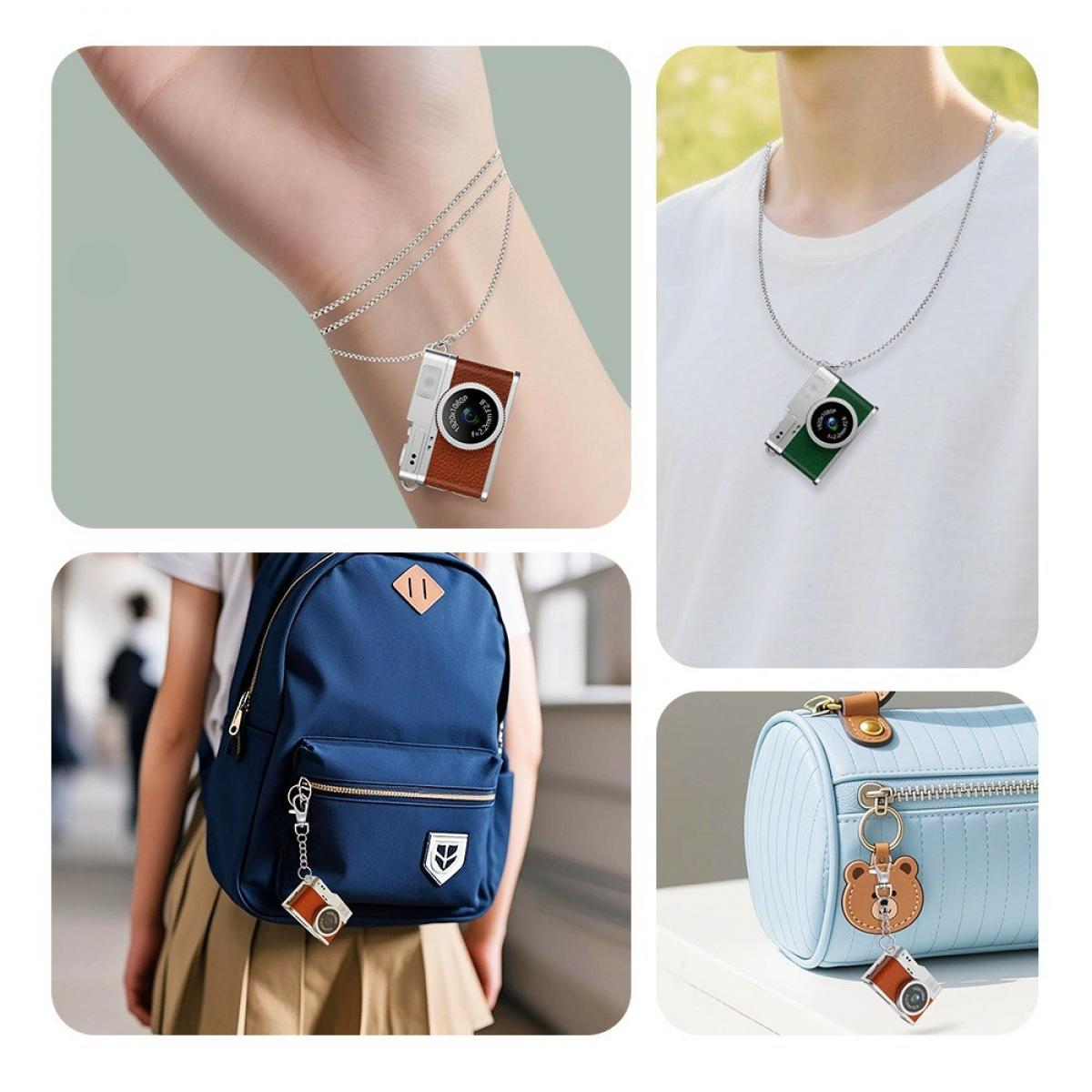 Eine Anhänger-Kamera an einem Armband, einer Halskette, einem Rucksack und einer Tasche. Jedes Objekt hat eine andersfarbige Kamera.