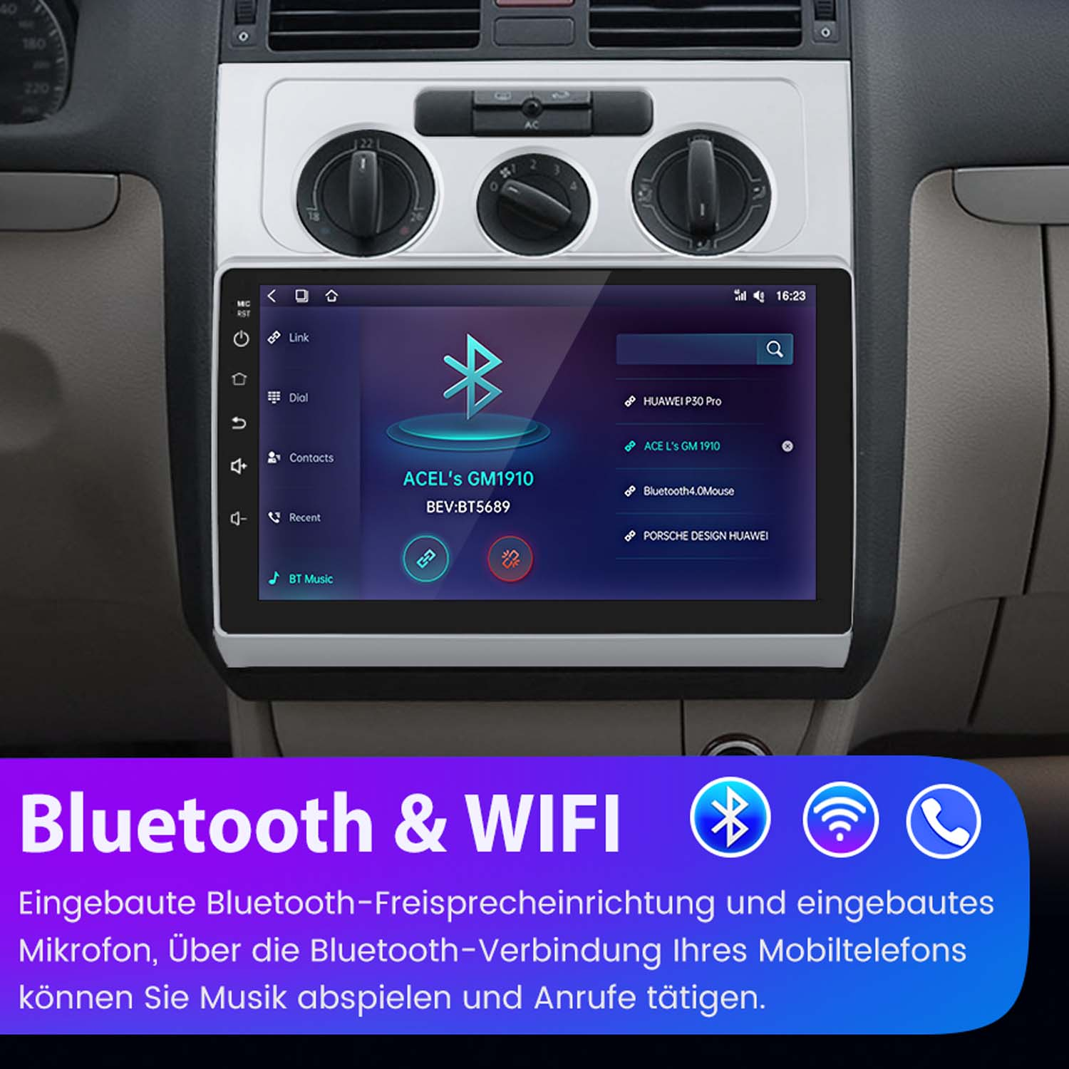 Autoinstrumententafel mit Bluetooth- und WLAN-fähigem Infotainmentsystem. Der Bildschirm zeigt Verbindungsoptionen und Uhrzeit.