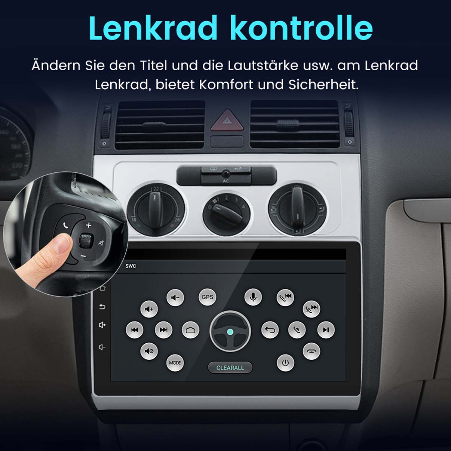 Armaturenbrett mit Bildschirm mit Steuerungssymbolen. Eine Hand drückt eine Taste an der Lenkradsteuerung.