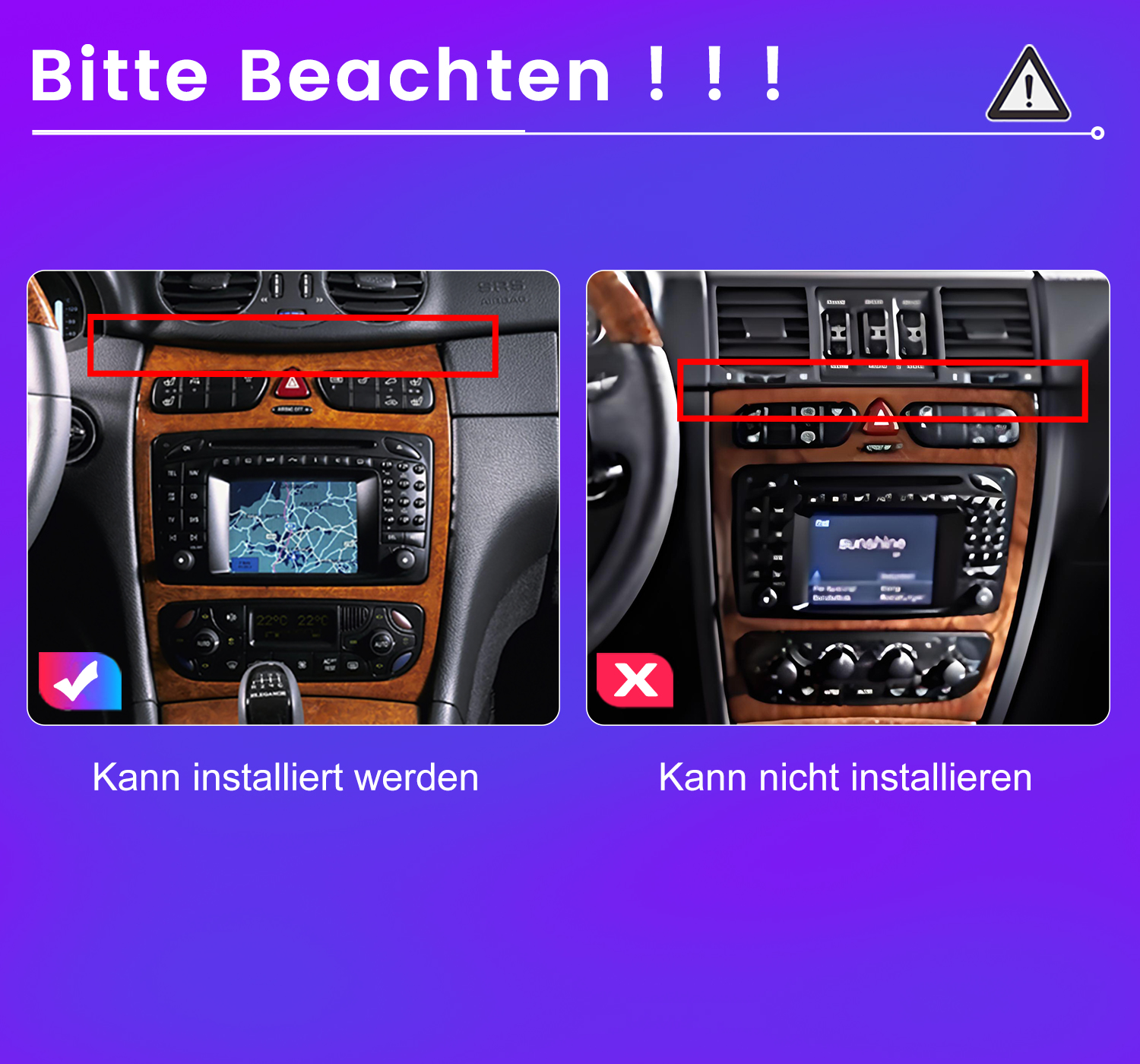 Das Bild zeigt Auto-Armaturenbretter. Eines mit Häkchen und Navigationsbildschirm, das andere mit X und Radio. Text zeigt Installation.