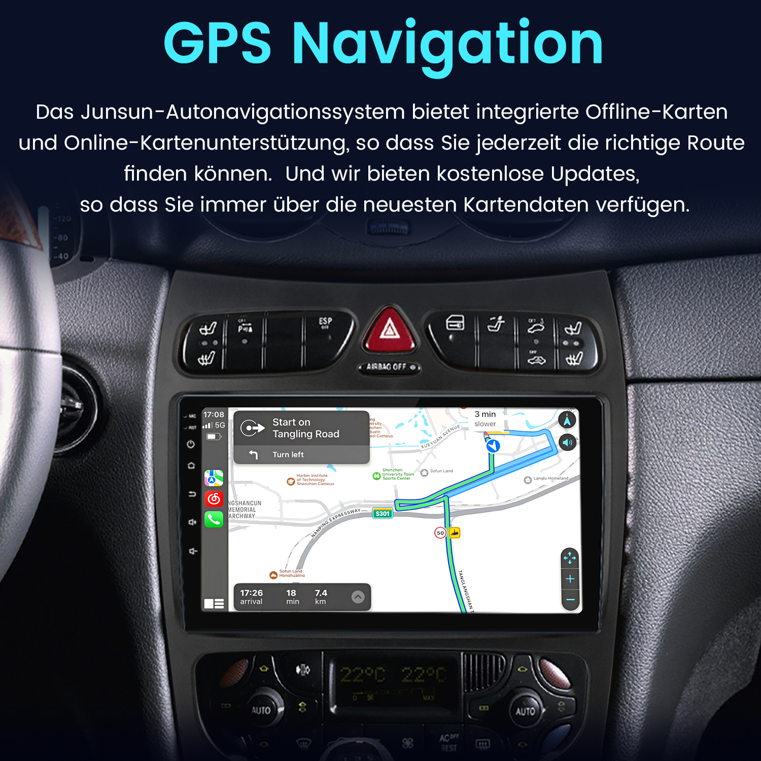 Auto-Armaturenbrett mit GPS-Navigation. Der Bildschirm zeigt eine Karte mit Routenführung. Temperatur ist 22 Grad.
