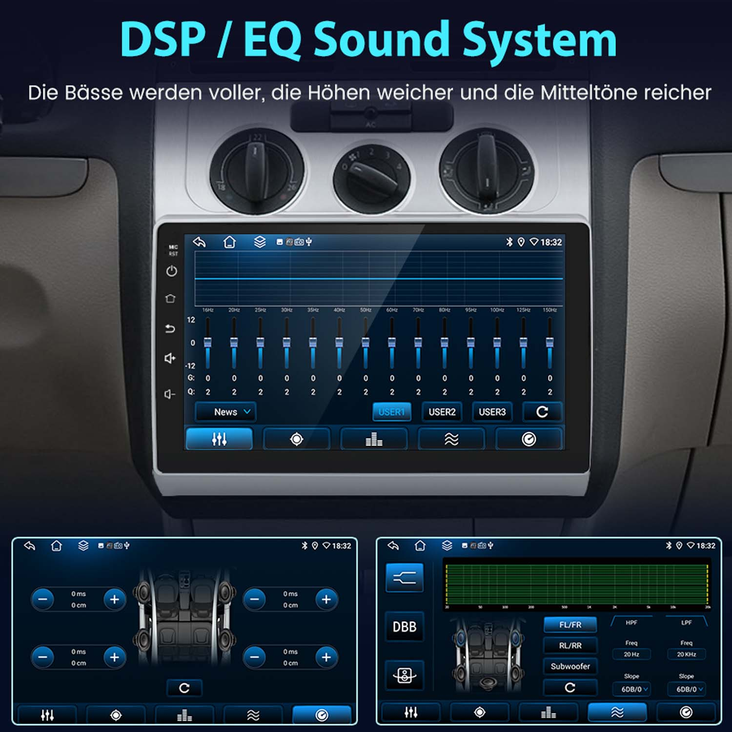 Auto-Audiosystem-Schnittstelle mit Equalizer-Steuerung und Einstellungen für Bässe und Subwoofer.