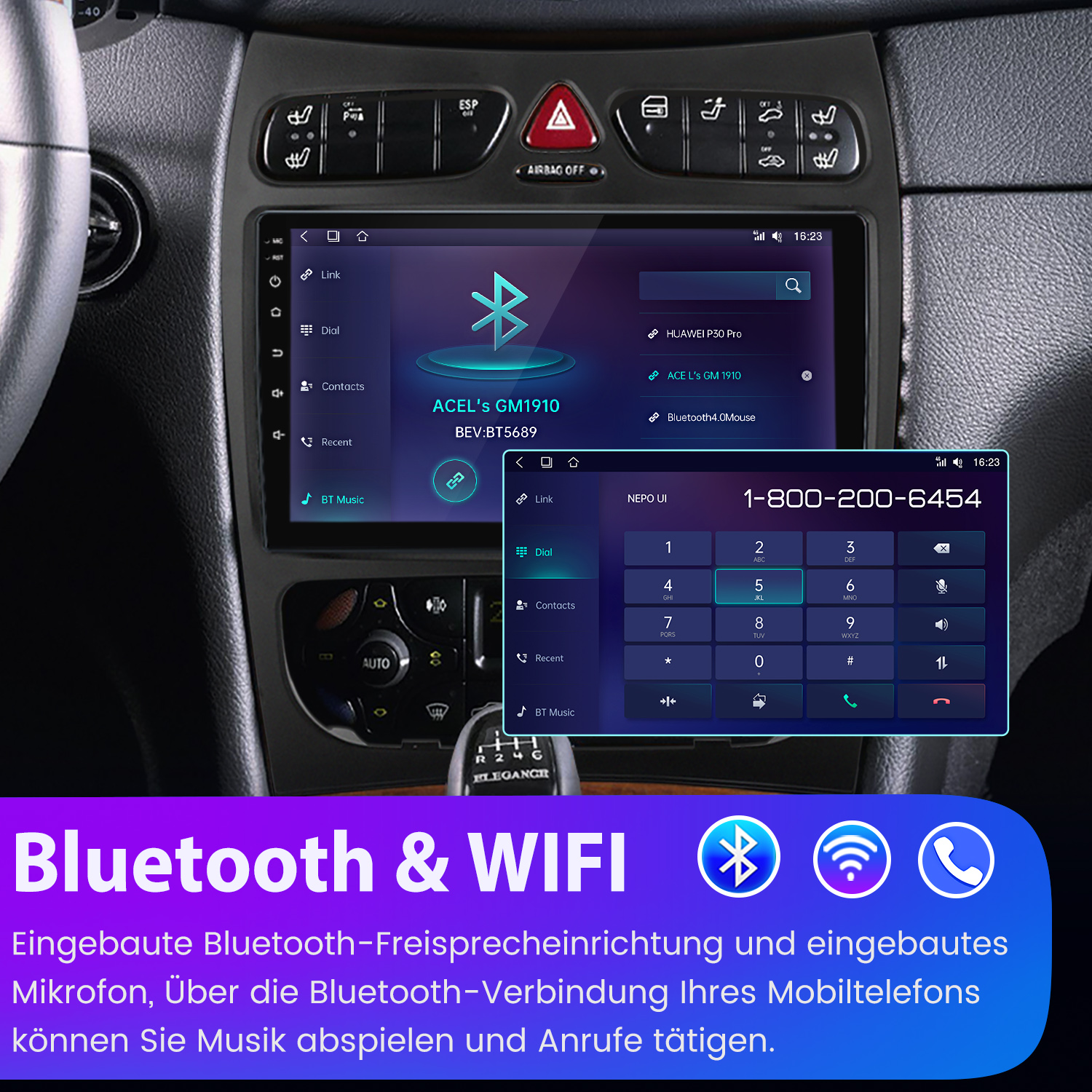Auto-Armaturenbrett mit Multimedia-Bildschirm mit Bluetooth- und WLAN-Funktionen sowie einer Telefonwählschnittstelle.