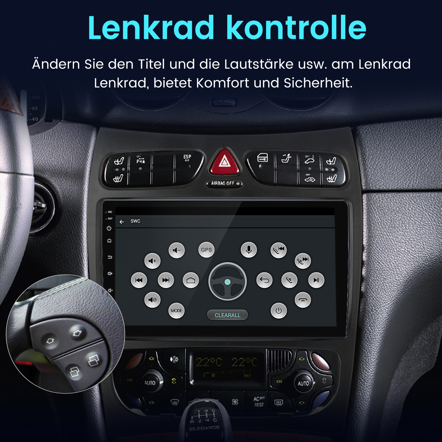 Autoinnenraum. Zeigt Lenkrad mit Bedienelementen, Mittelkonsole mit Bildschirm und Klimaanlage. Text auf Deutsch: Lenkrad Kontrolle.
