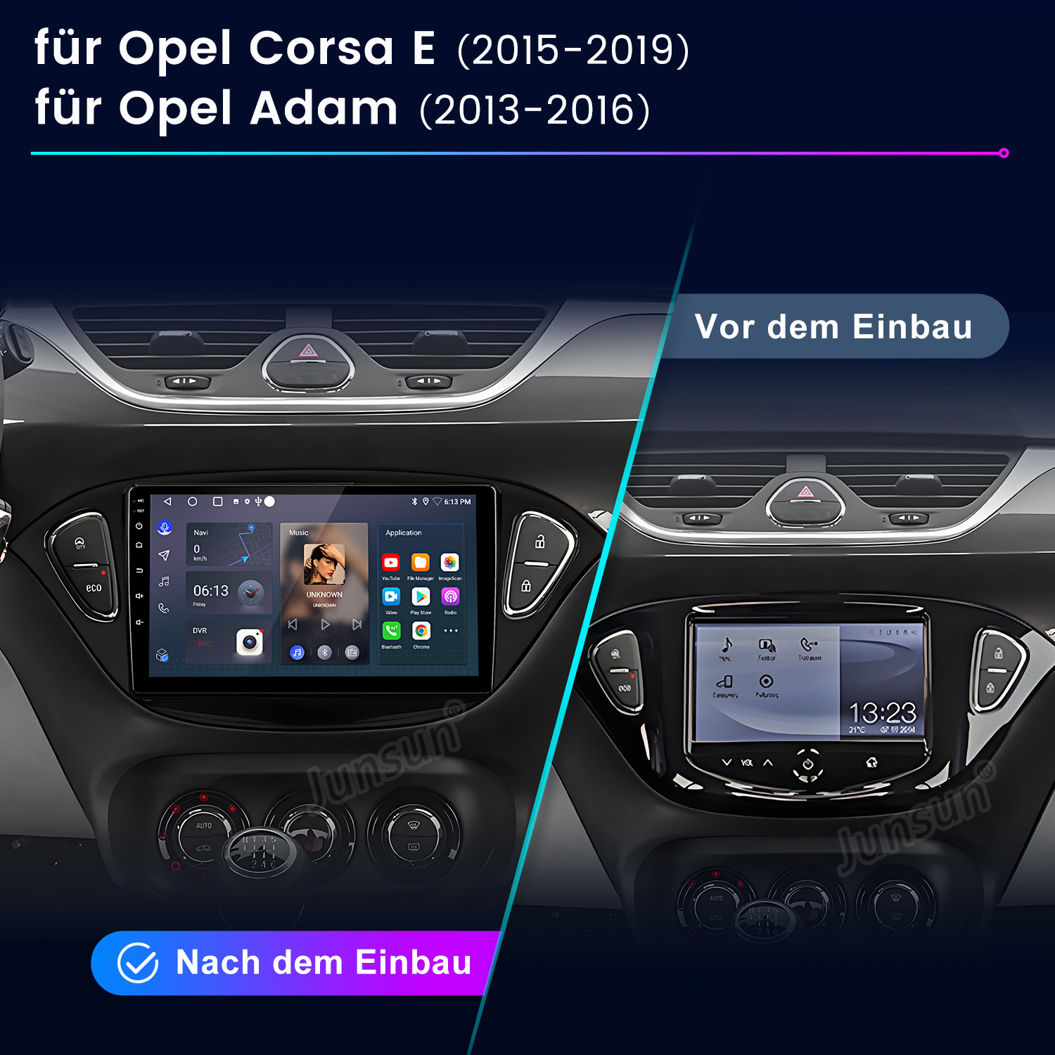 Vergleich des Armaturenbretts vor und nach der Installation eines neuen Multimediasystems. Zeigt Bildschirm mit Symbolen, Uhrzeit und Musiksteuerung.