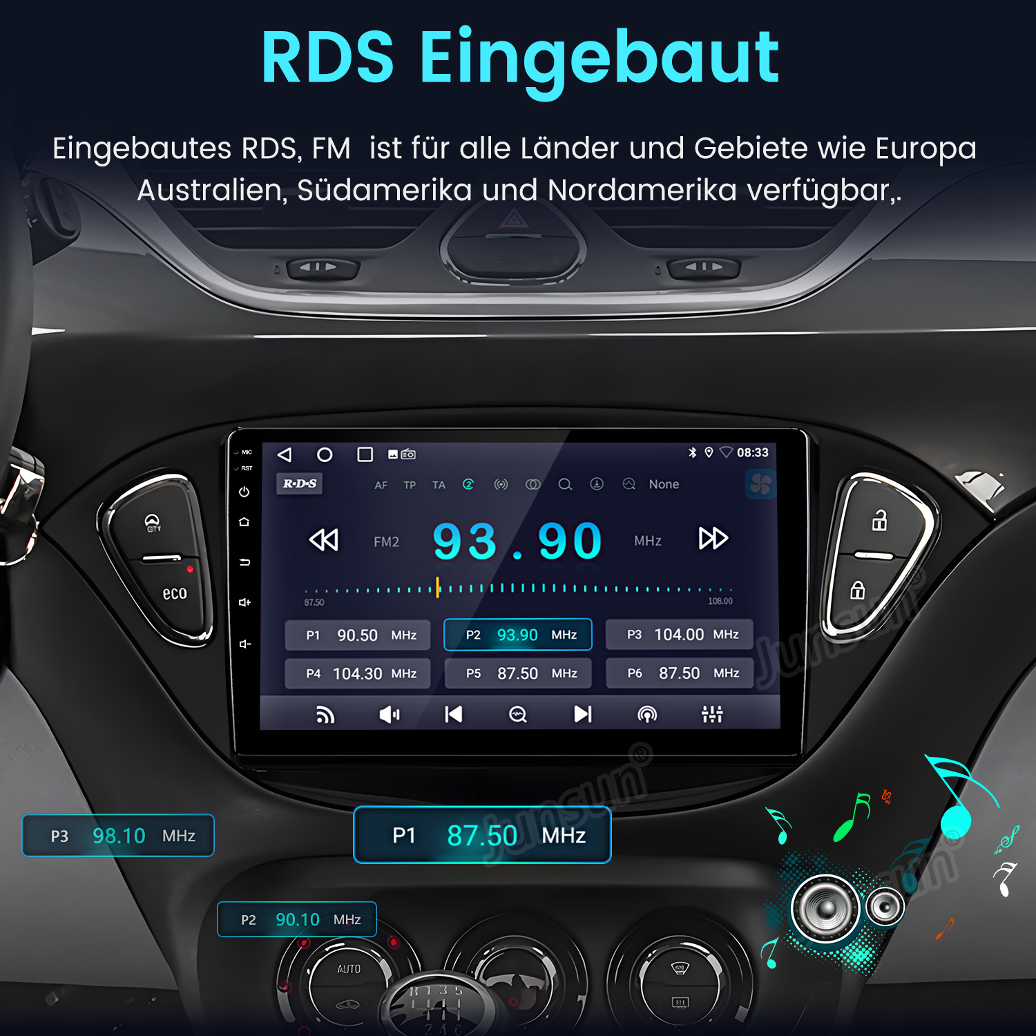 Autoradio-Bildschirm mit FM-Frequenz 93,90 MHz. Knöpfe und Autosteuerung sind sichtbar. RDS Eingebaut Text steht oben.