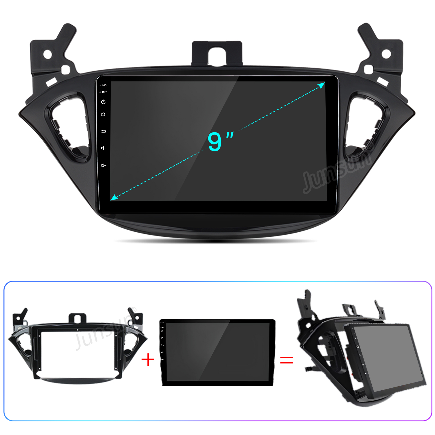 Se muestra un estéreo de coche con pantalla de 9 pulgadas. La pantalla es negra, con marco y soporte de montaje negros. La imagen muestra el estéreo y sus componentes.