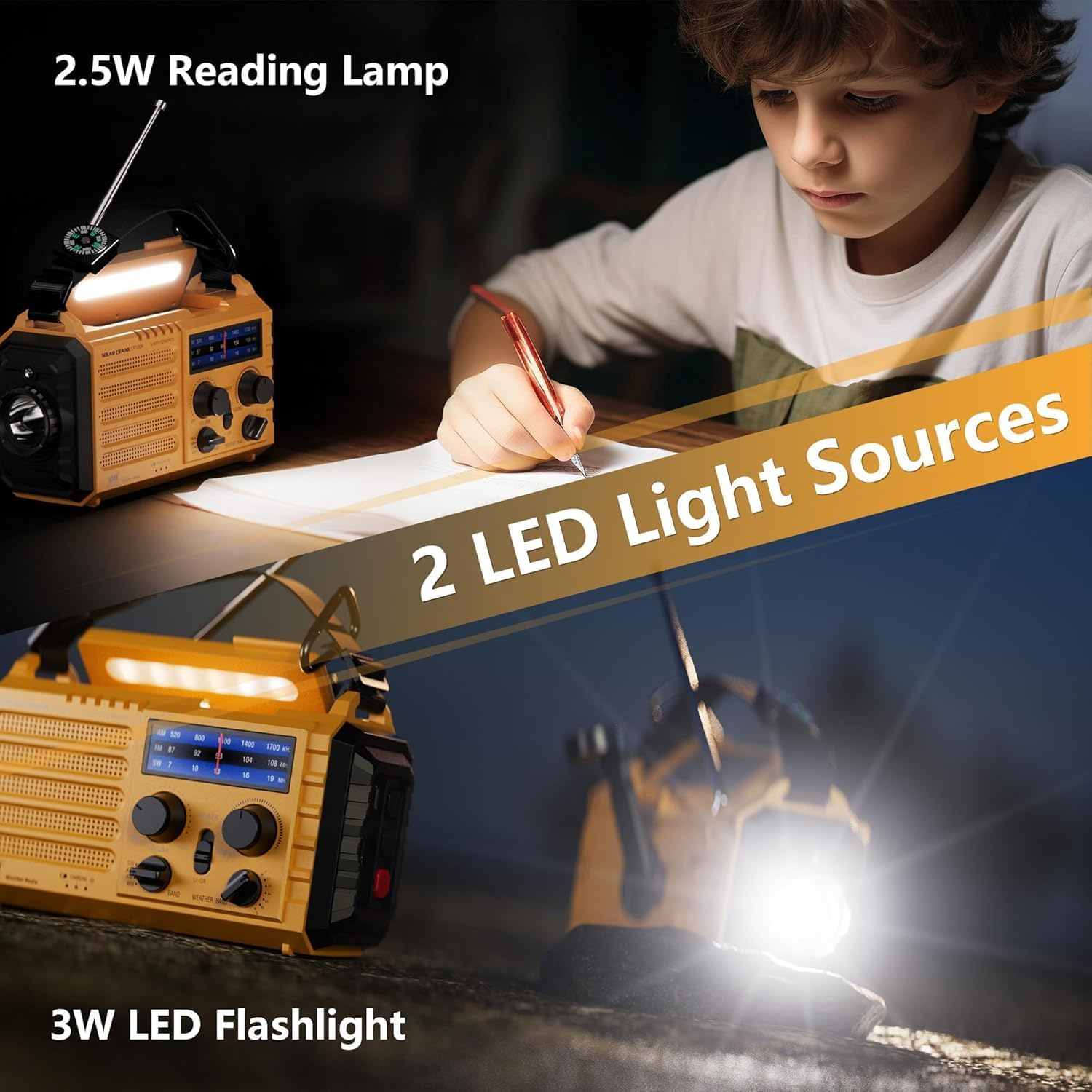 Chłopiec pisze pod lampą i radiem. Radio ma latarkę i kompas. Scena jest oświetlona przez dwa źródła światła LED.