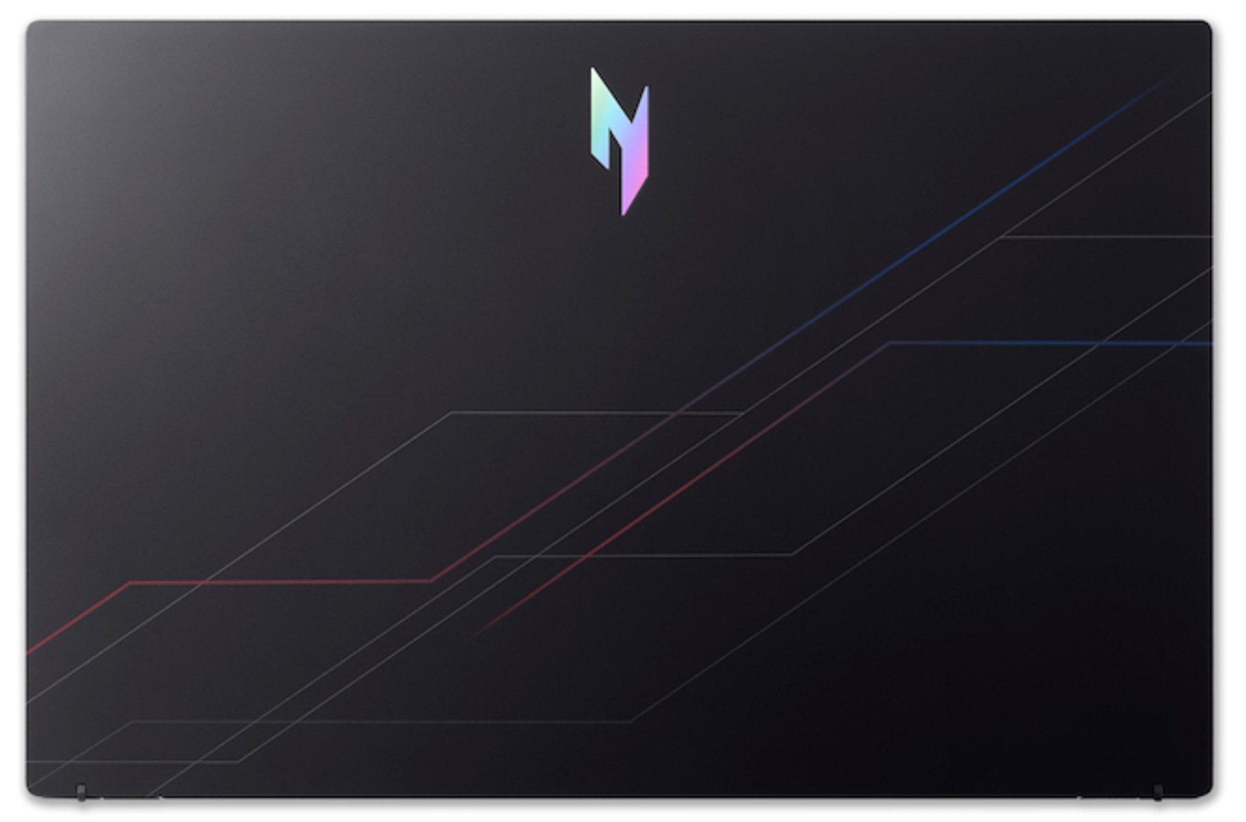 Superficie negra con líneas y un logotipo 'M' estilizado. Las líneas son rojas, azules y grises. El logo es multicolor.