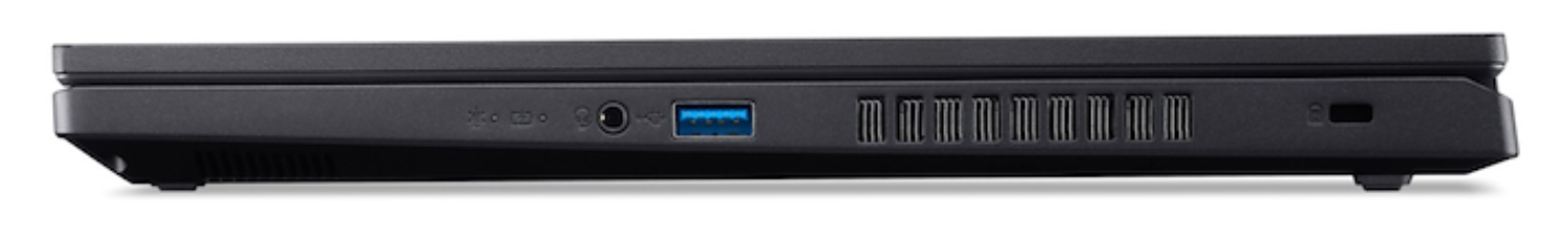 Vista lateral de una laptop negra. Muestra puertos: USB, conector de audio y ventilación.