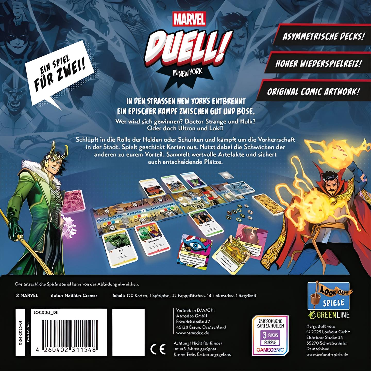Marvel Duel Brettspielbox. Figuren Doctor Strange und Loki sind abgebildet. Karten und Spielkomponenten sind sichtbar.